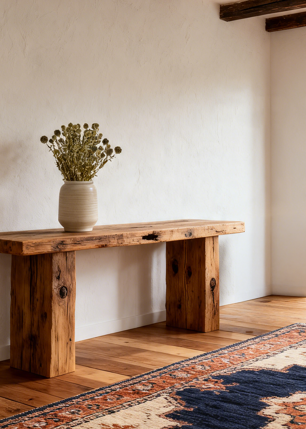 A rustic wooden console table with a thick natural wood top and block legs, styled with a beige ceramic vase holding dried green echinops set against a textured off-white wall on a hardwood floor with a patterned rug in the foreground.