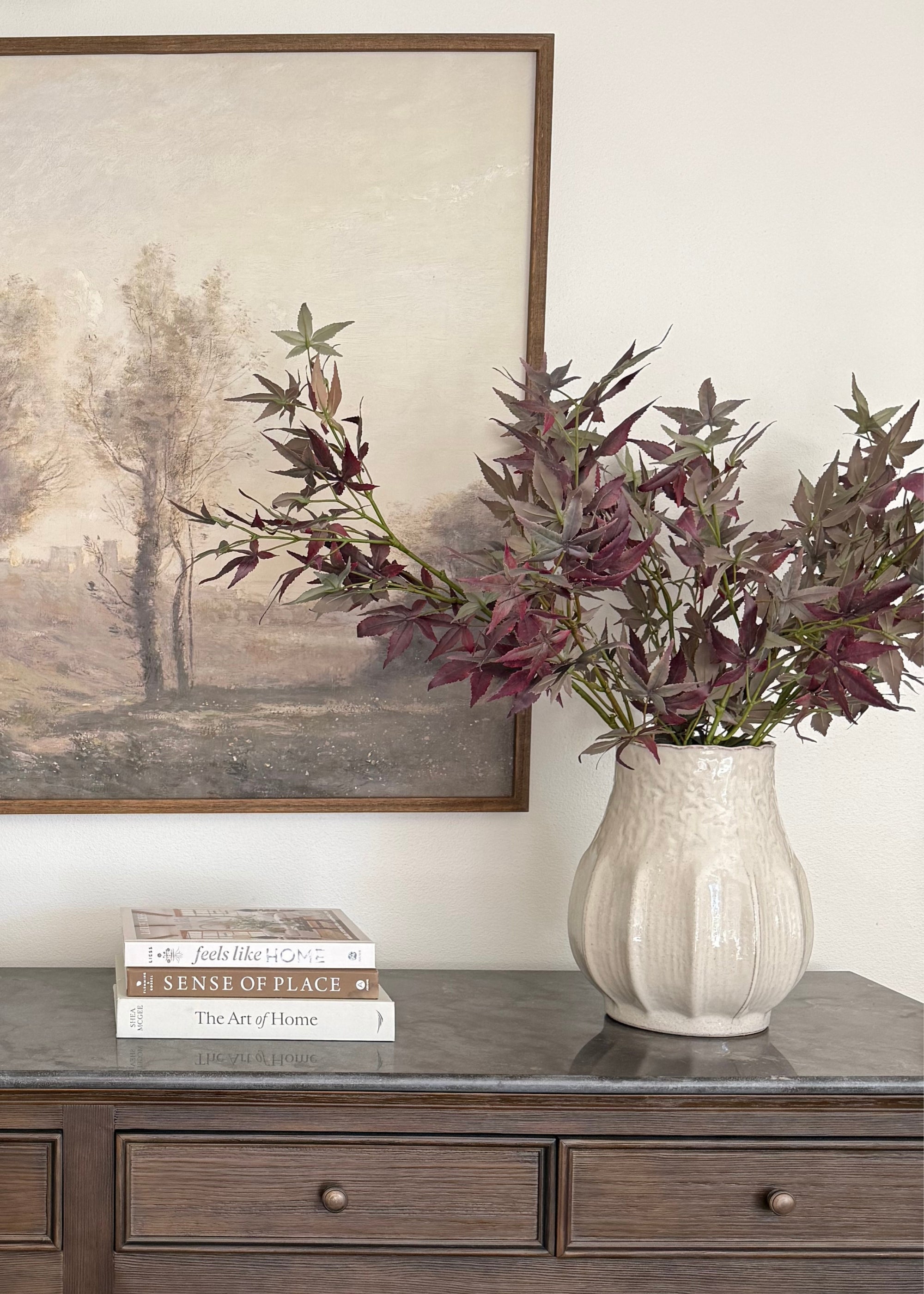Artificial Japanese Maple Leaves Arranged in Ceramic Vase