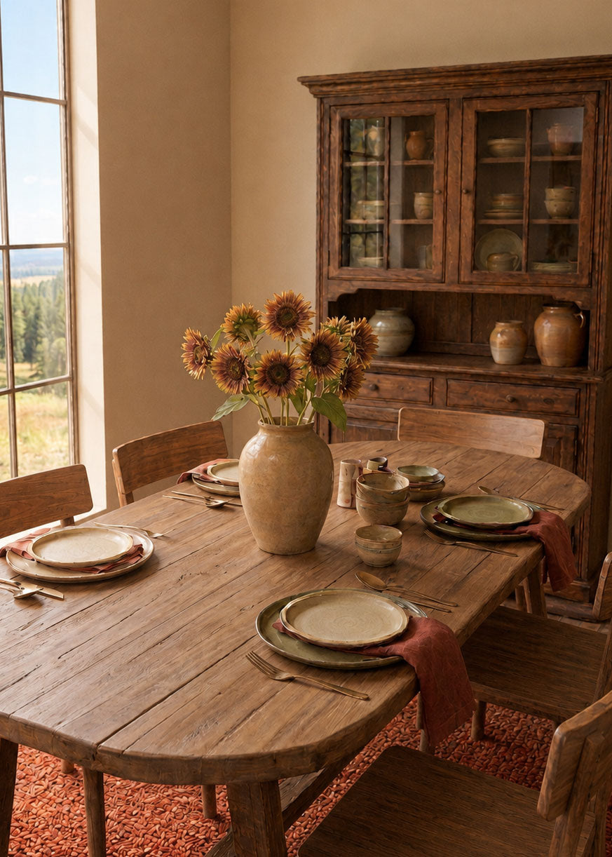 A rustic wooden dining table set with a large vase of sunflowers, surrounded by wooden chairs in a warm, sunlit room with a wooden hutch and window view.