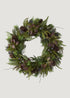 Fake Pine and Cone Holiday Wreath with Purple Green Leaves 