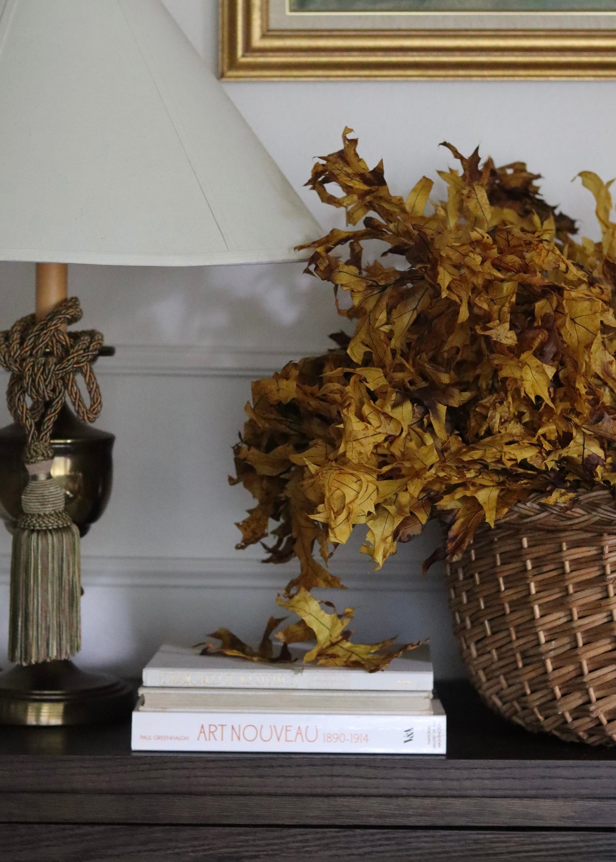Preserved Fall Oak Leaves in a Wicker Basket