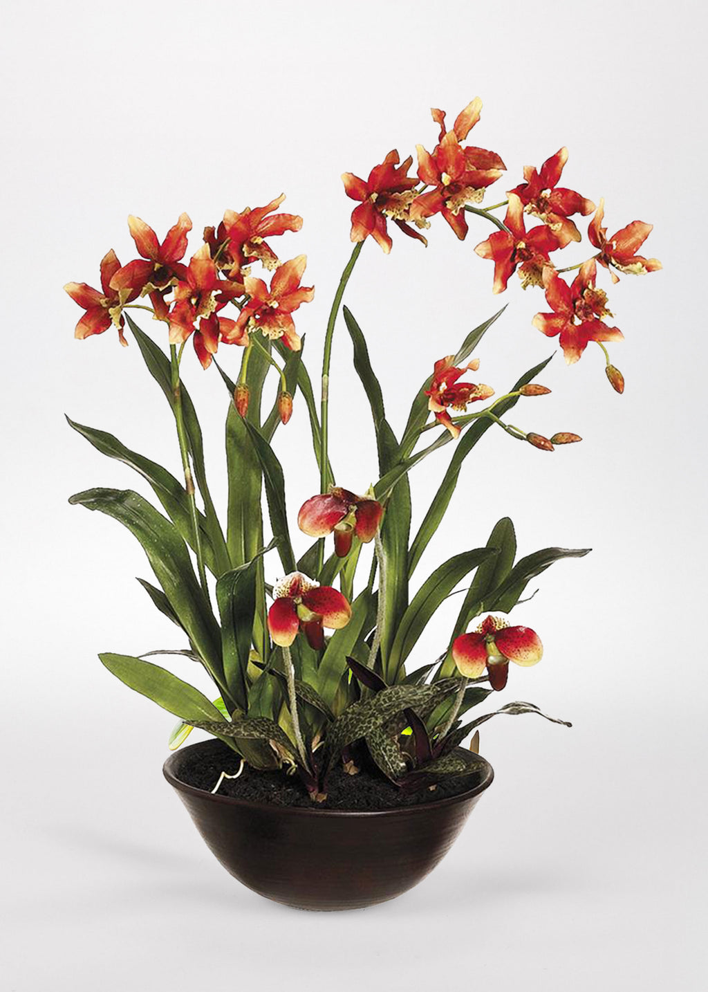 silk potted orchid plants Faux Potted Orchid Arrangement in Clay Bowl