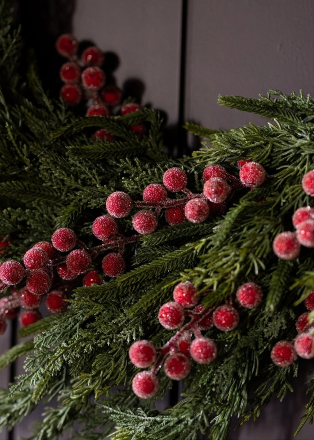 frosted red berries and real touch greenery