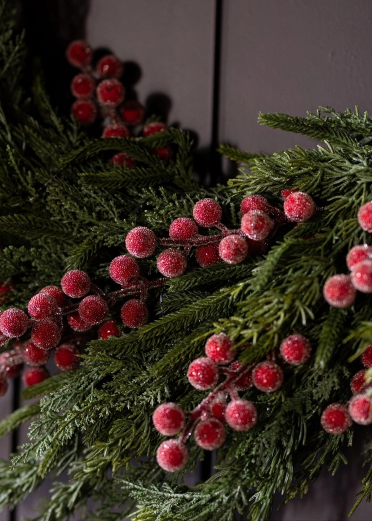 frosted red berries and real touch greenery