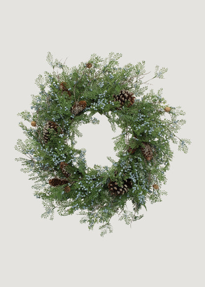 Fake Juniper and Berry Winter Wreath with Pine Cones 