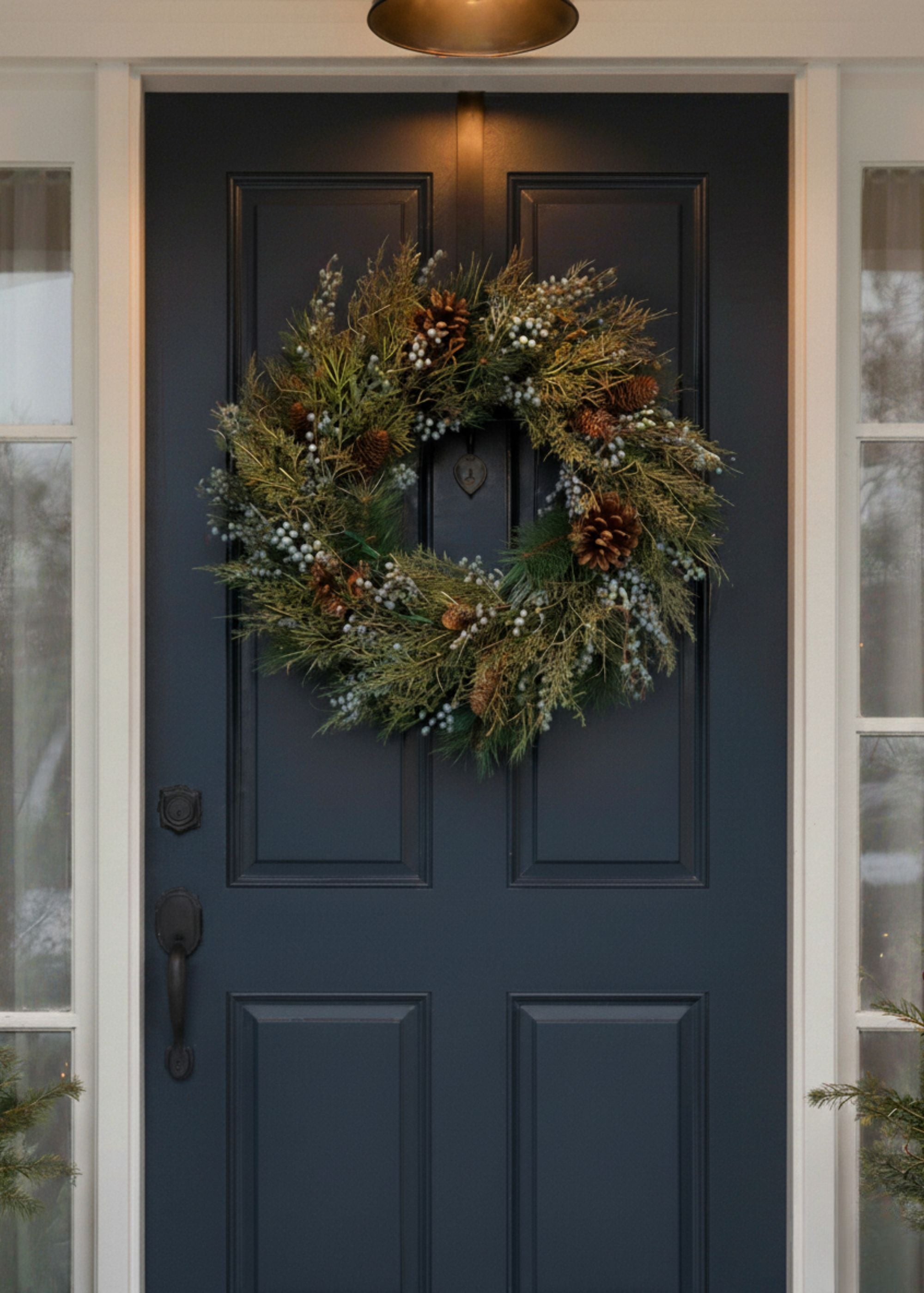 Mixed Pine Wreath with Berries and Pine Cones on Blue Door