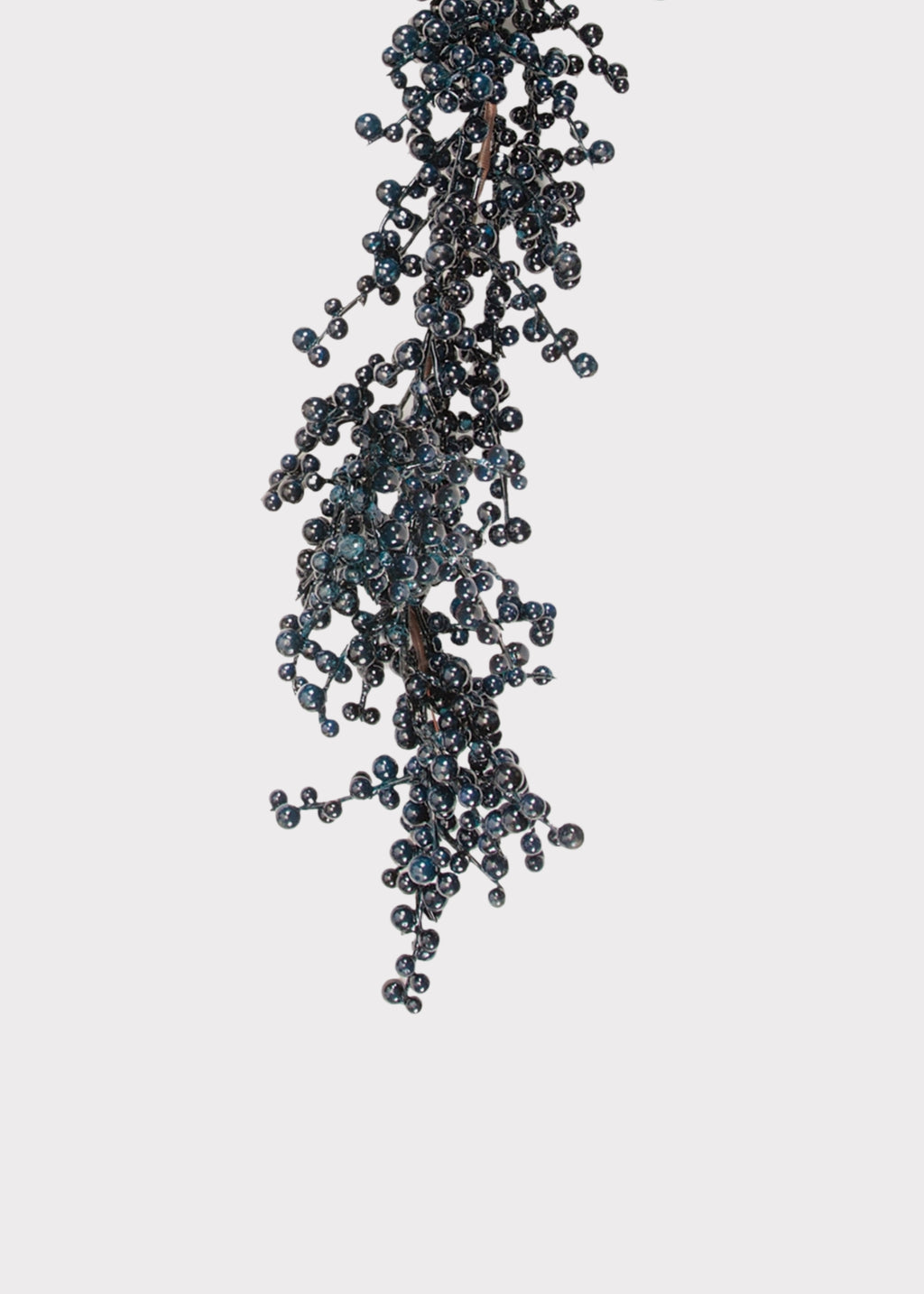 A dark, textured hanging garland  decorative piece covered with many small glossy dark blue to black berries, shown against a plain light gray background.