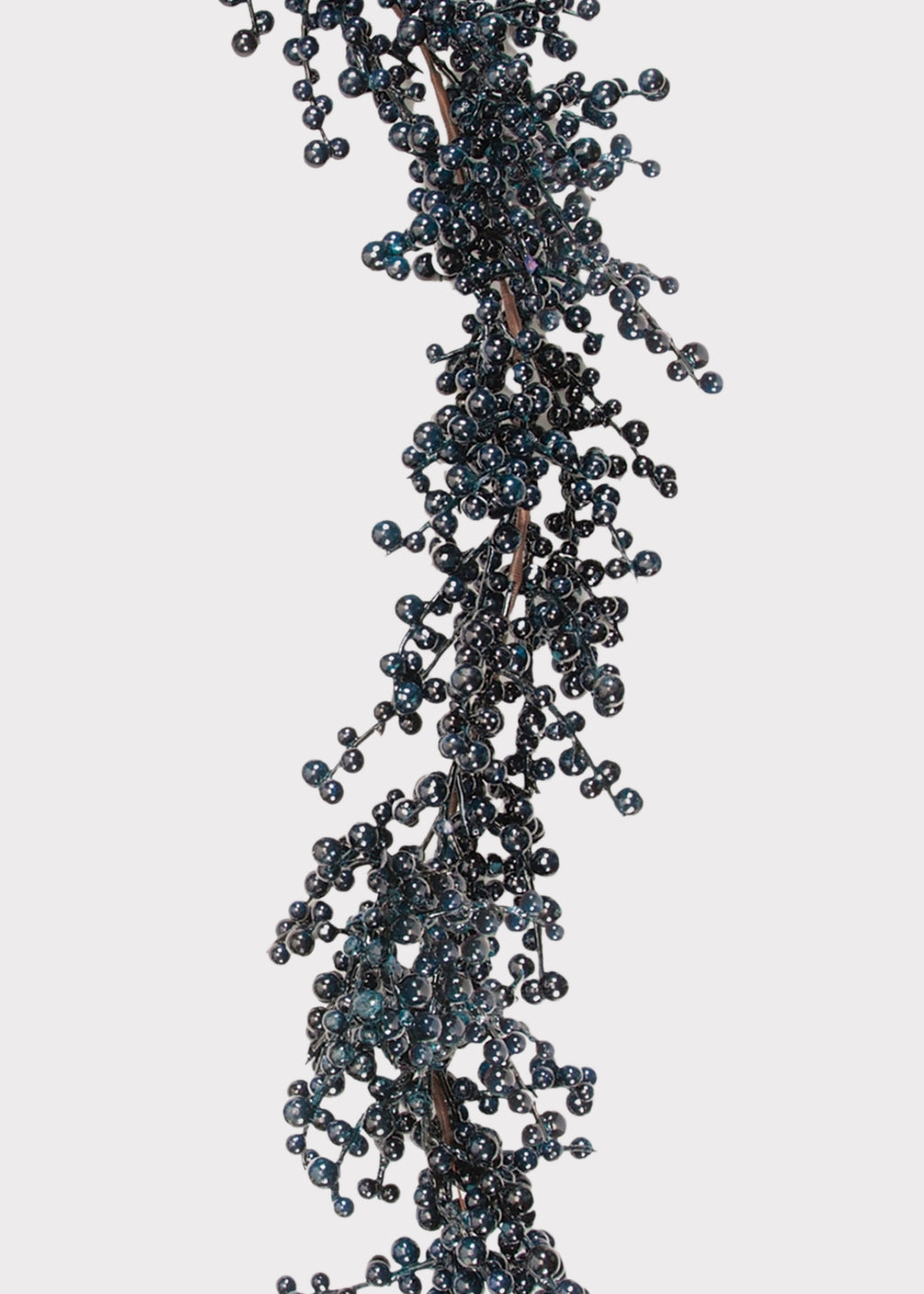 A decorative garland of small, dark blue-gray glossy berries on a brown stem