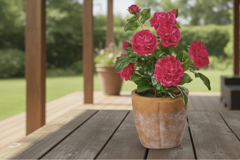Potted plant with pink flowers on a wooden deck