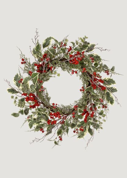 Artificial Frosted Holly and Red Berry Holiday Wreath 
