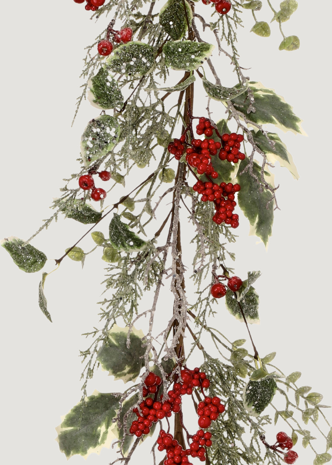 Close-up of Artificial Frosted Holly and Red Berry Winter Garland 