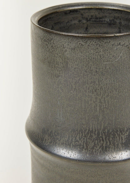 Afloral Closeup View of Handmade Clay Vase in Matte Black Glaze
