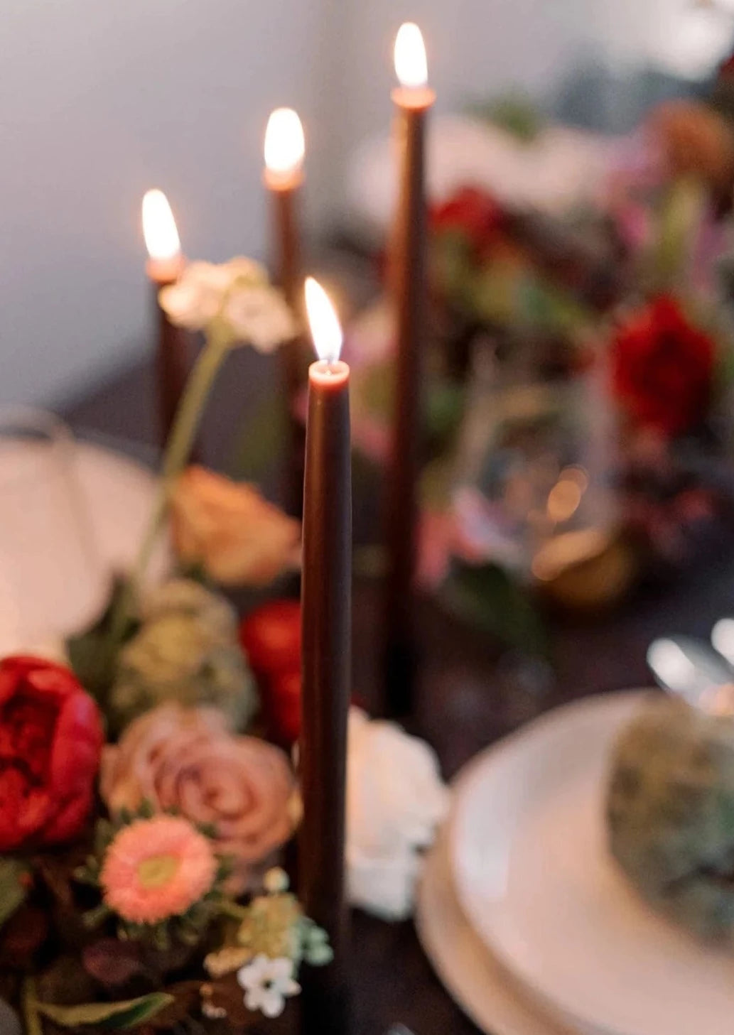 Lit Beeswax Candles in Chestnut Centerpiece