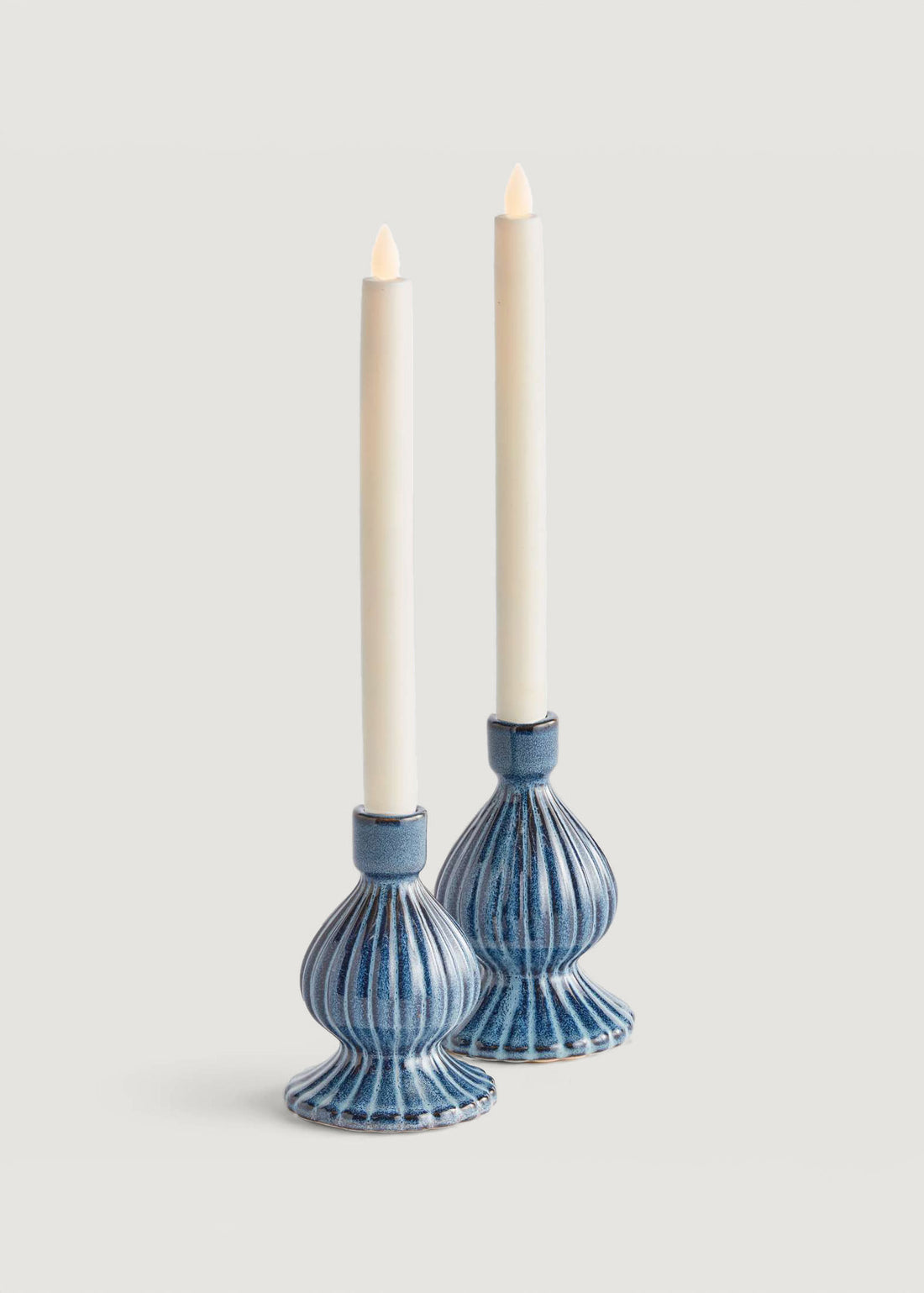 Set of 2 Blue Glazed Stoneware Taper Candle Holders