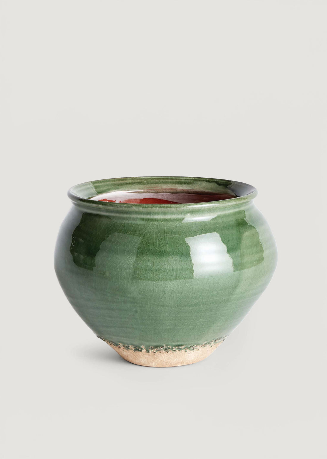 Handmade Terra Cotta Drum Vase in Green Crackle Glaze 