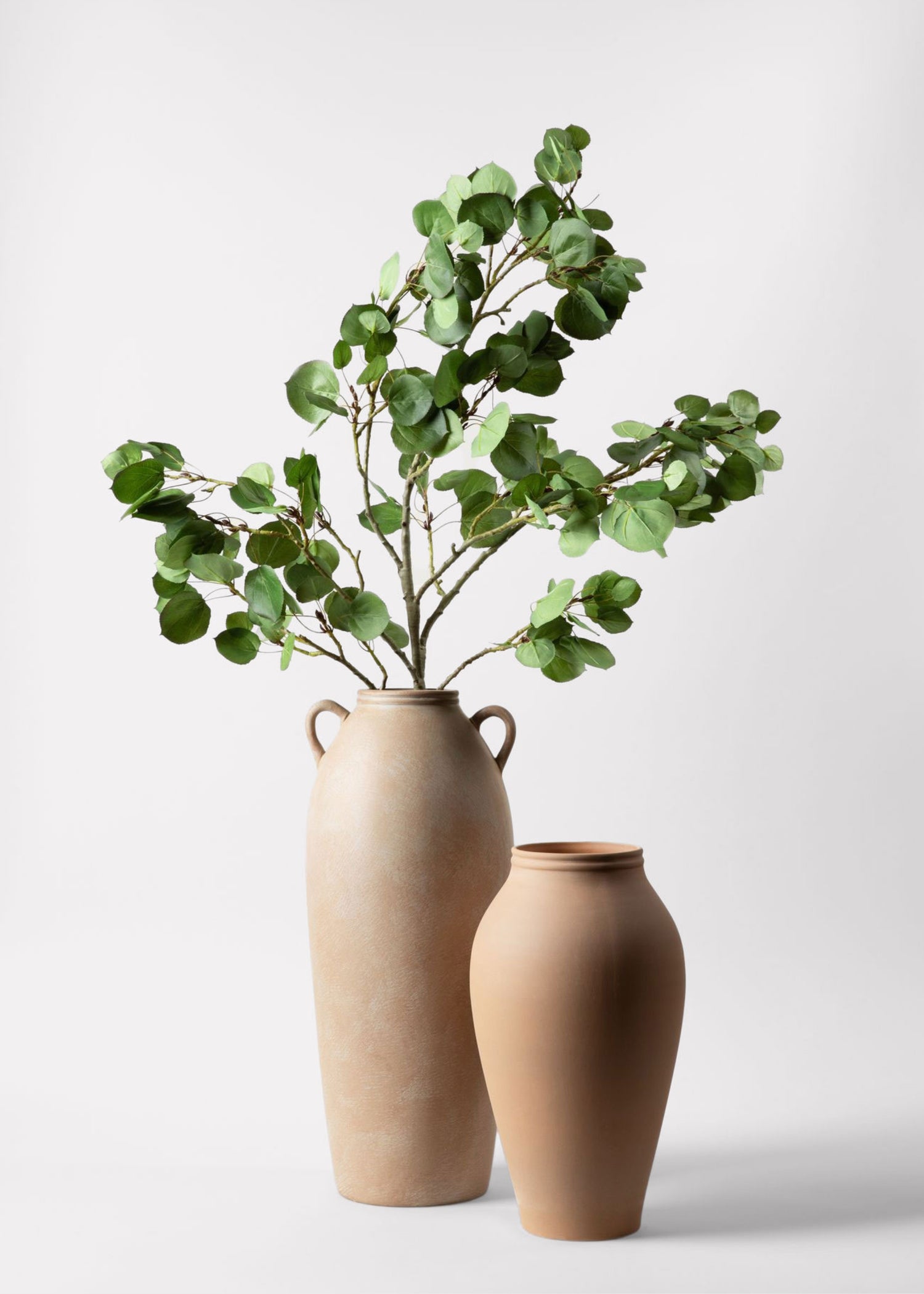 Luxe Faux Aspen Branches in Tall Terra Cotta Vase with Handles