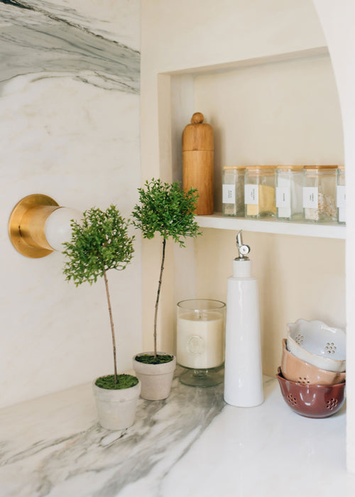 fake thyme topiaries styled in a kitchen