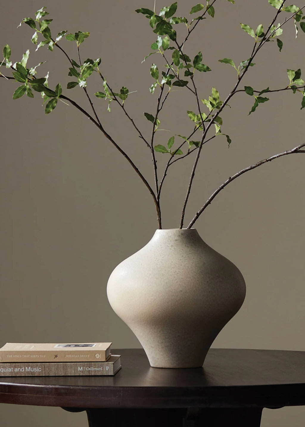 Handmade Ceramic Vase in Grey Matte Glaze with Green Leafy Branches