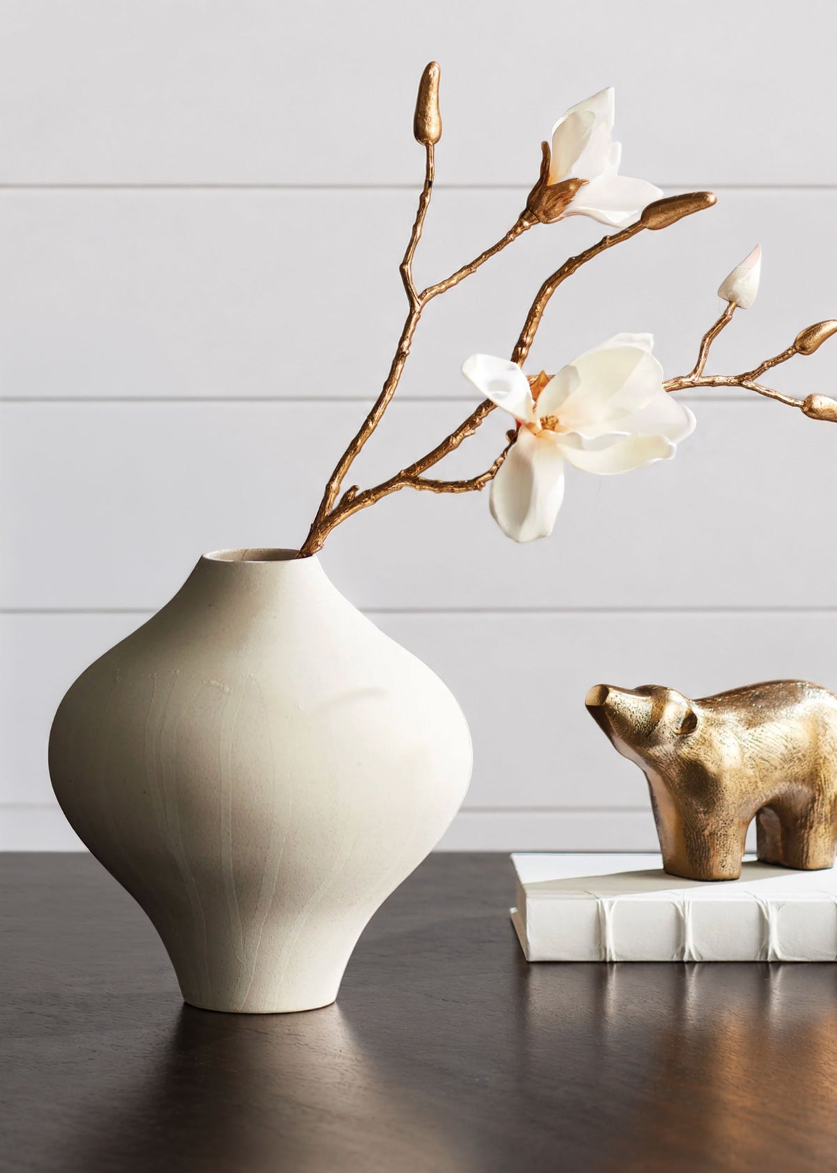 Matte Cream Handmade Ceramic Vase with a Magnolia Branch