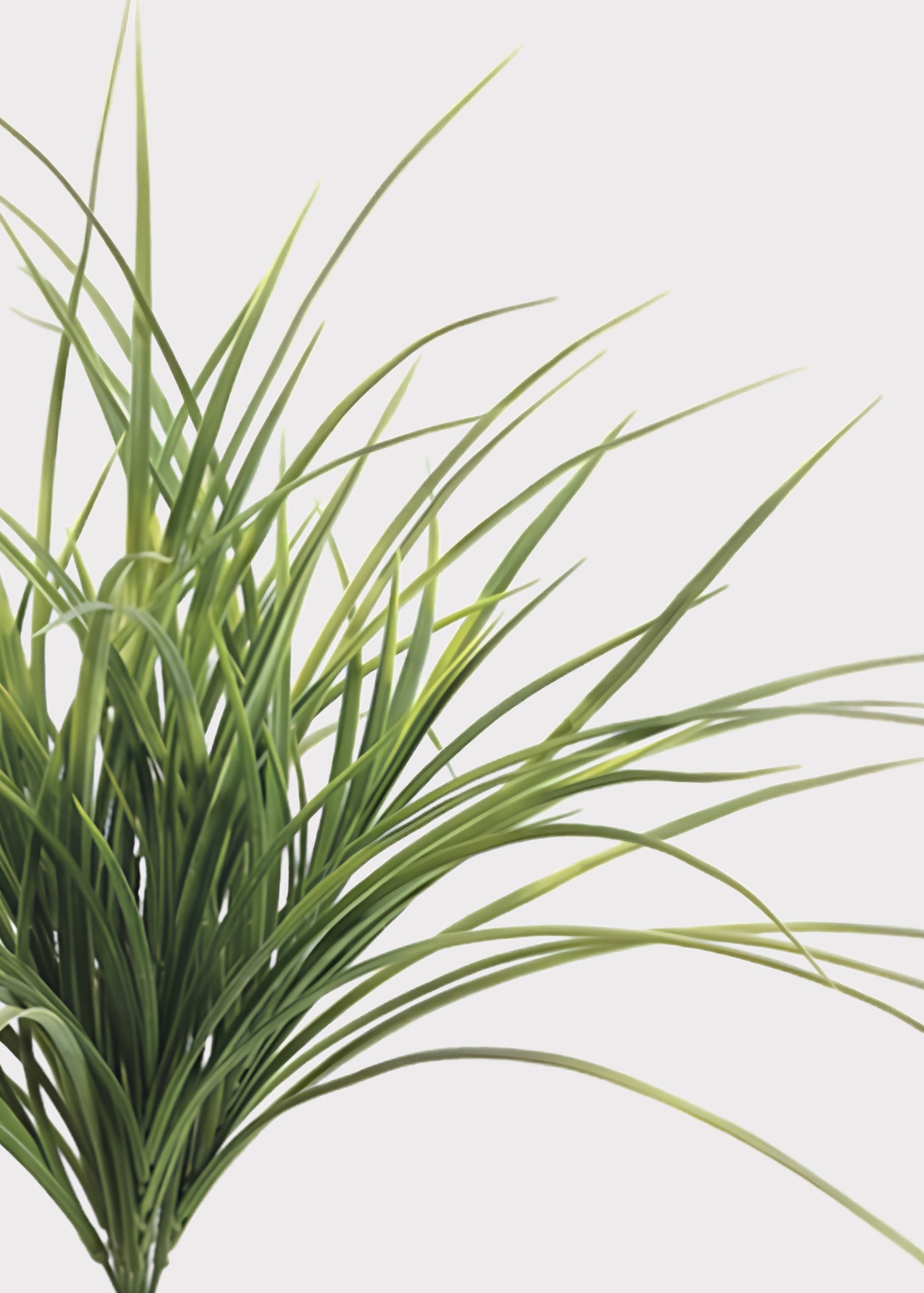 Artificial green grass plant with long, slender leaves, shown against a plain light gray background.