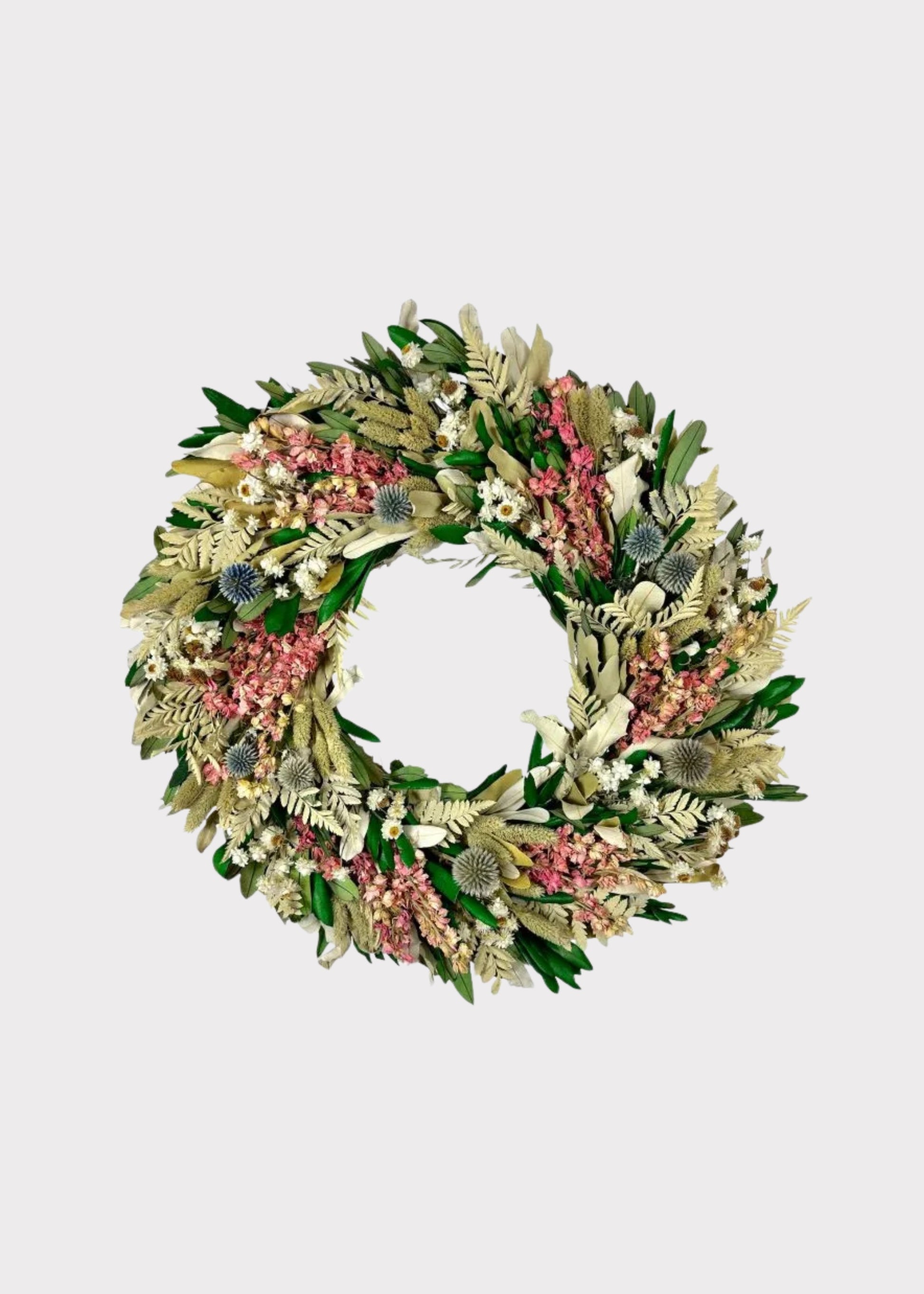 Pink Dried Larkspur and Mixed Foliage Flower Wreath