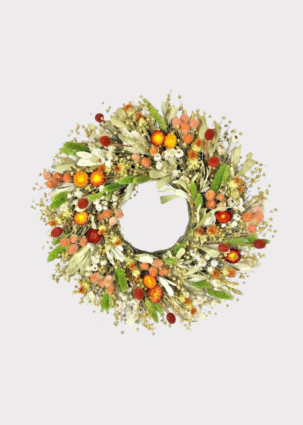 Green Dried Foliage Wreath with Orange Mixed Flowers 