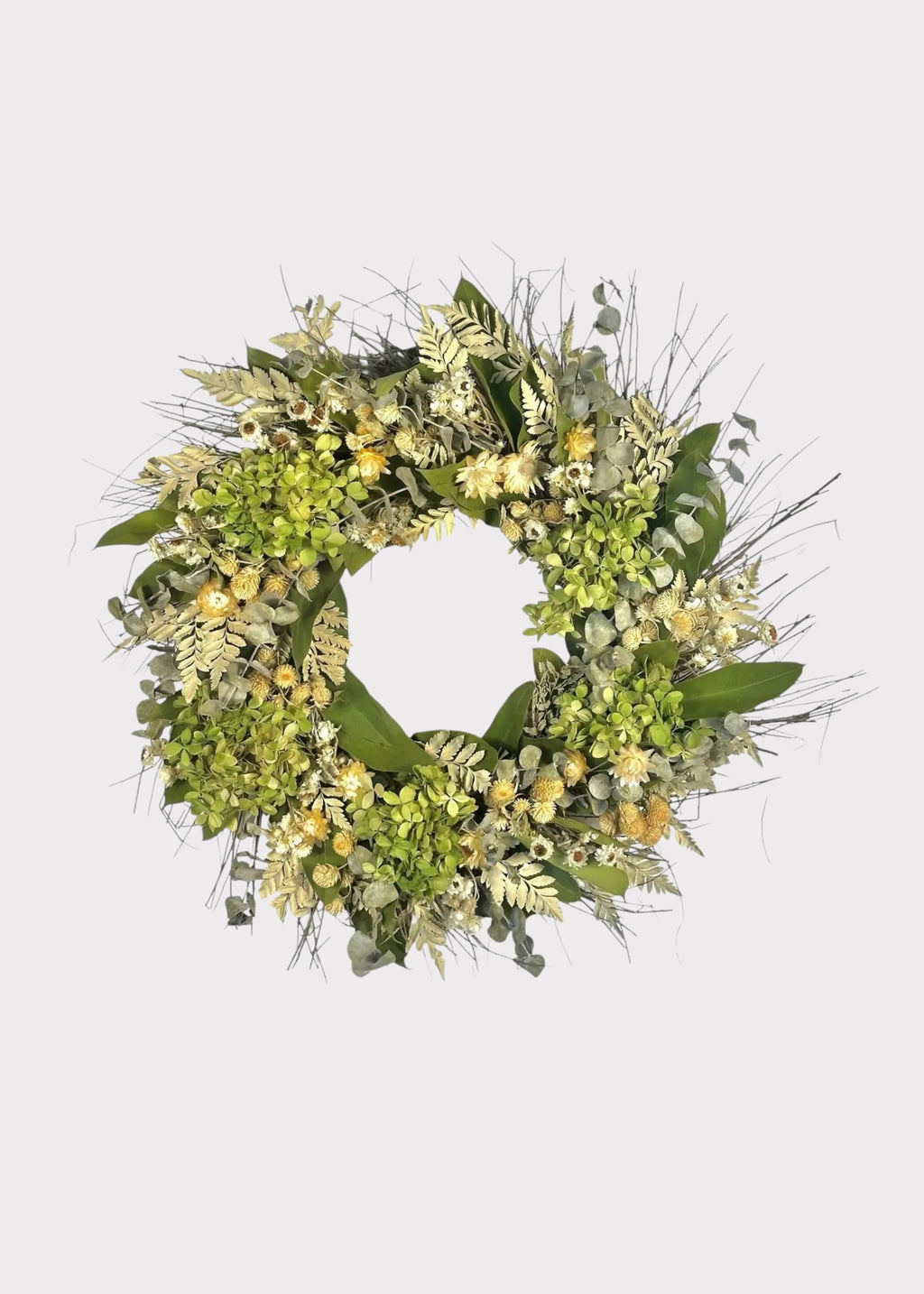 Cream Green Dried Hydrangea Flower and Eucalyptus Wreath 
