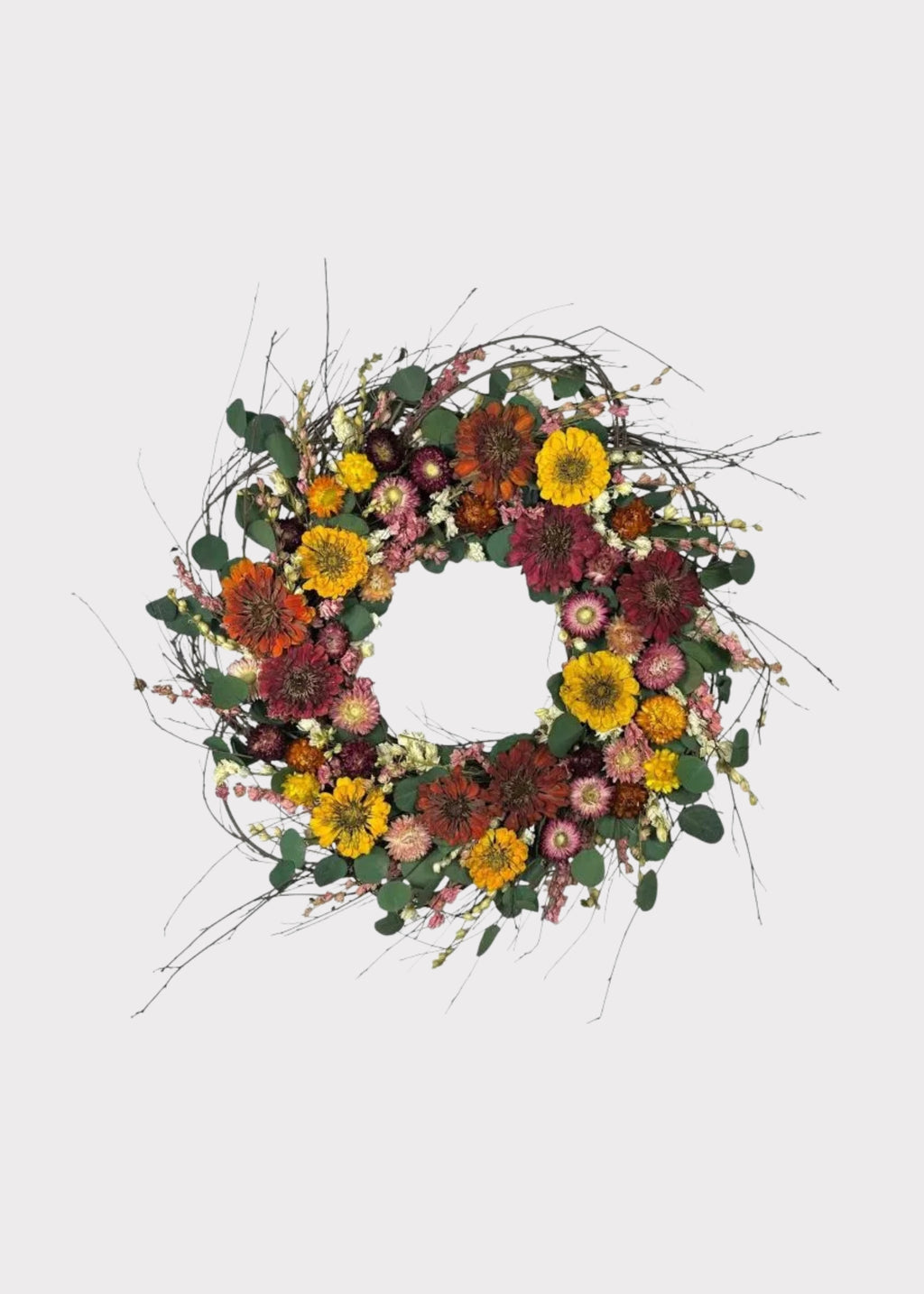 Pink and Yellow Preserved Zinnia Flower Wreath 