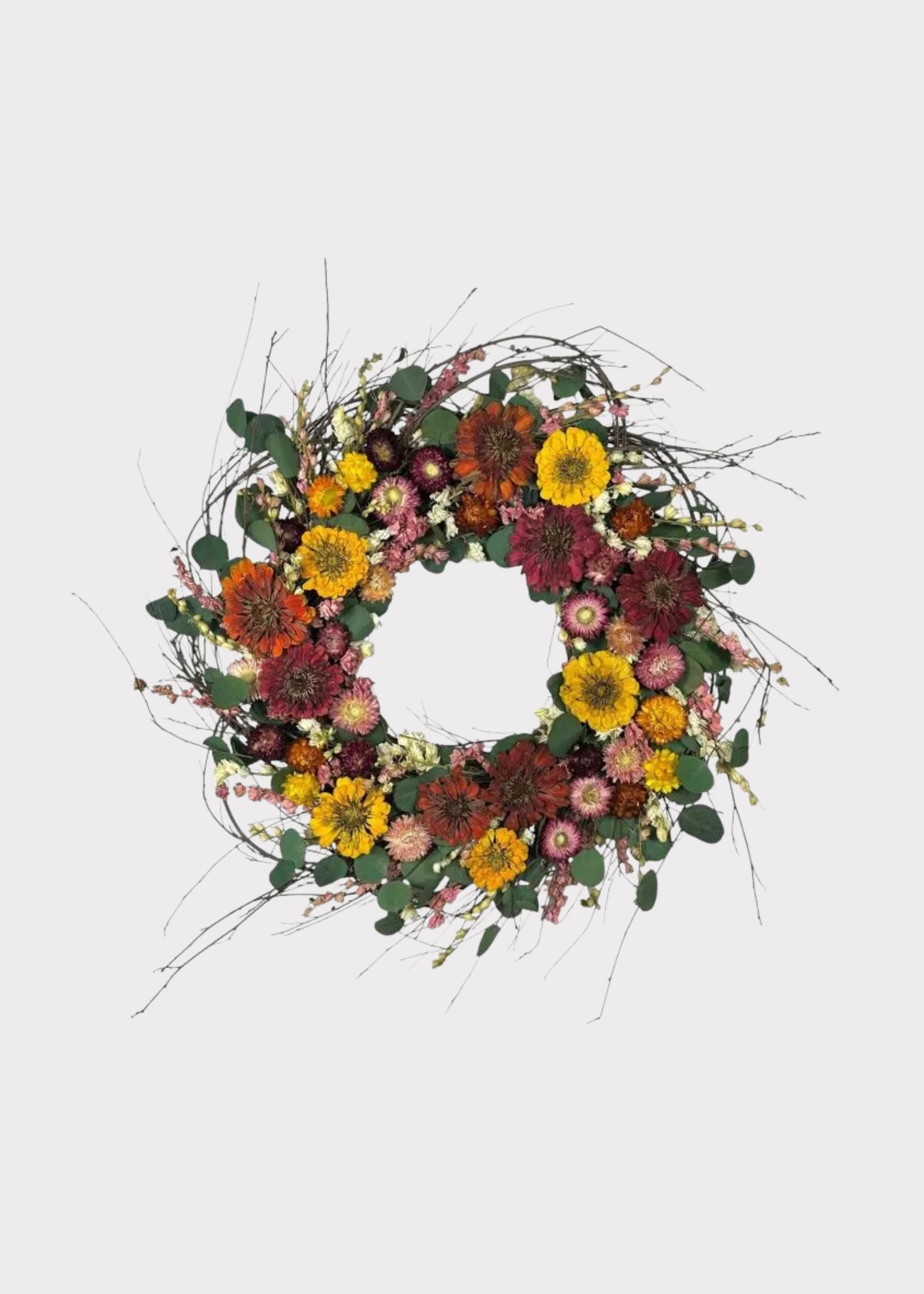 Pink and Yellow Preserved Zinnia Flower Wreath 