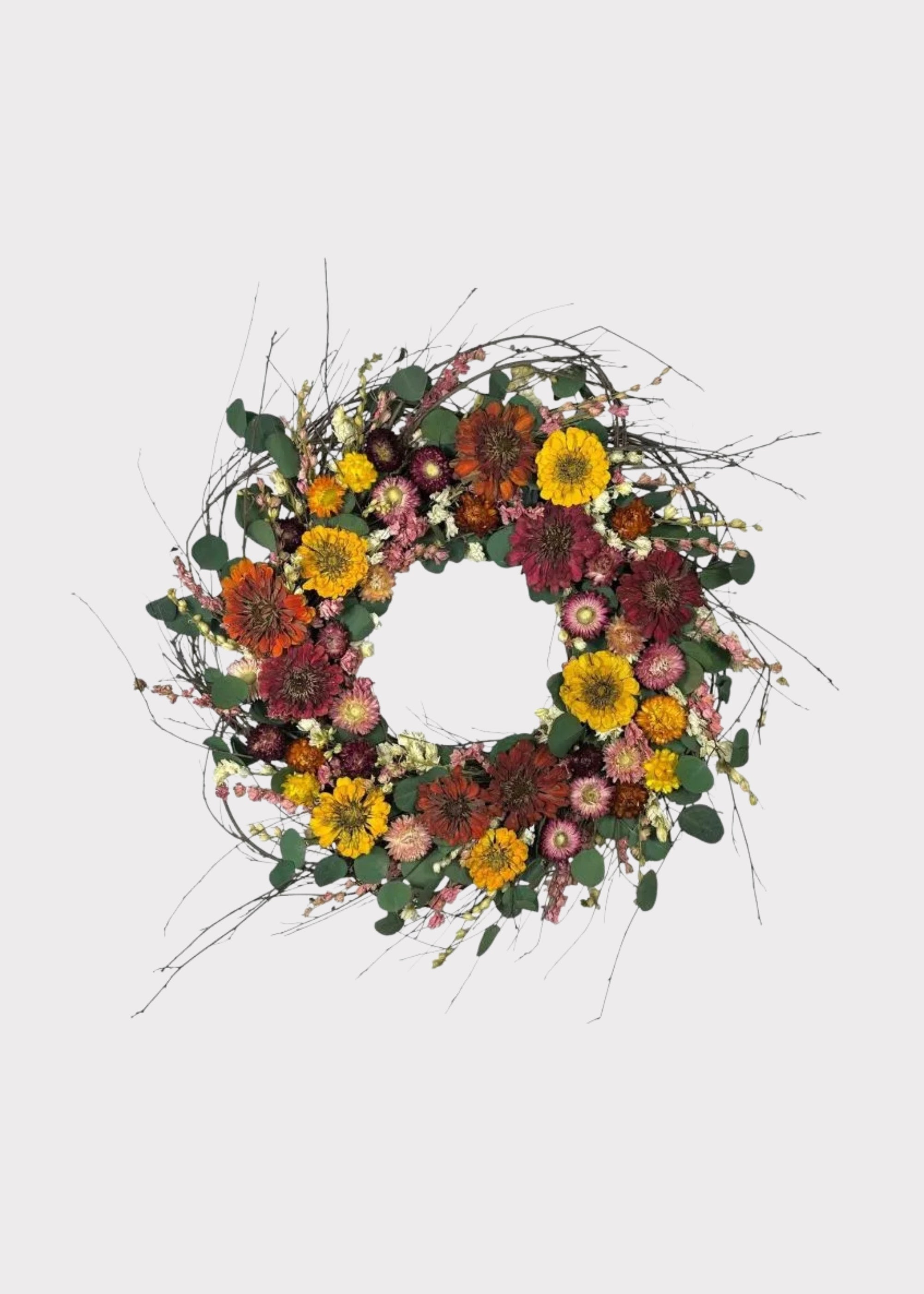 Pink and Yellow Preserved Zinnia Flower Wreath 