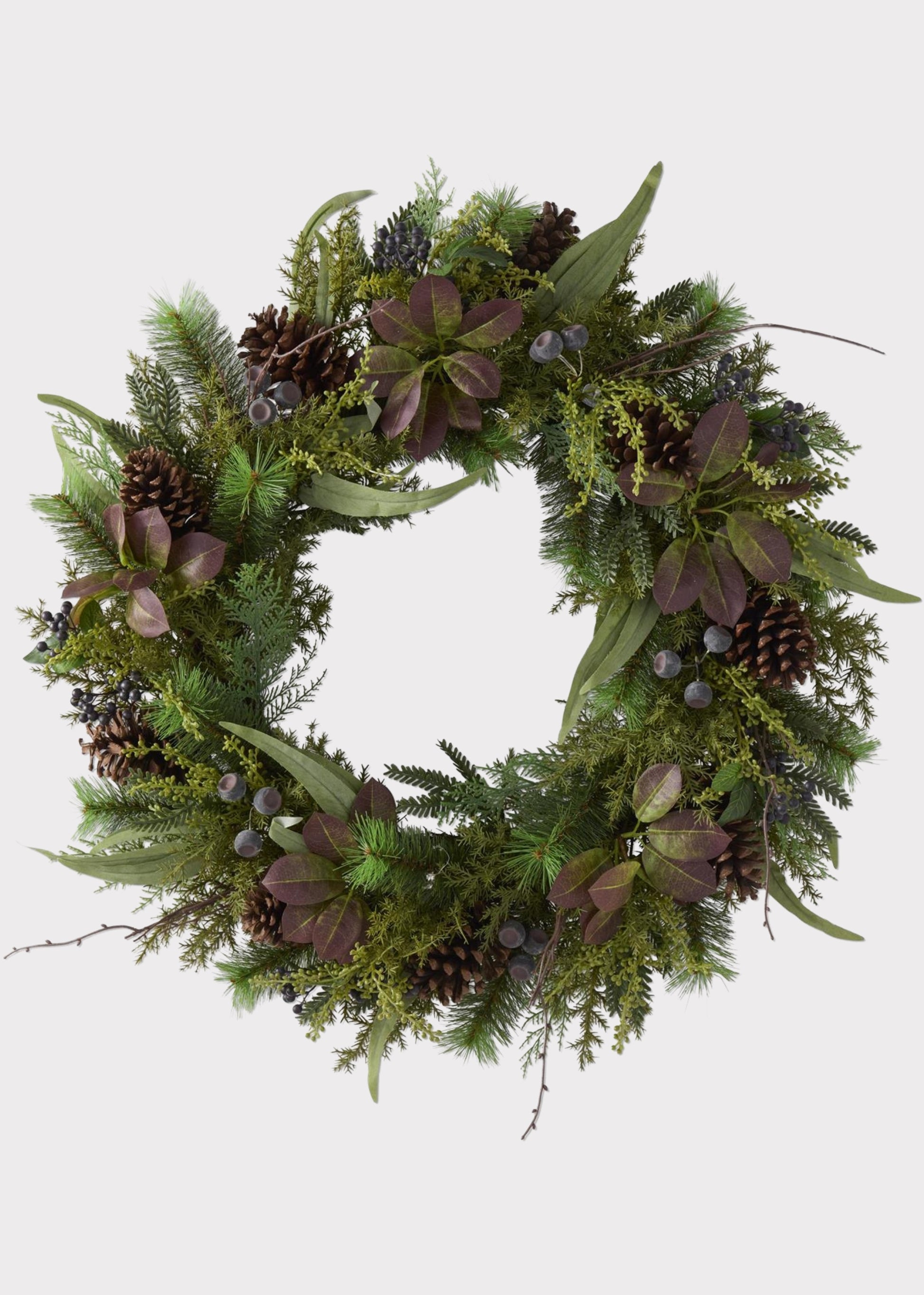 Fake Pine and Cone Holiday Wreath with Purple Green Leaves 