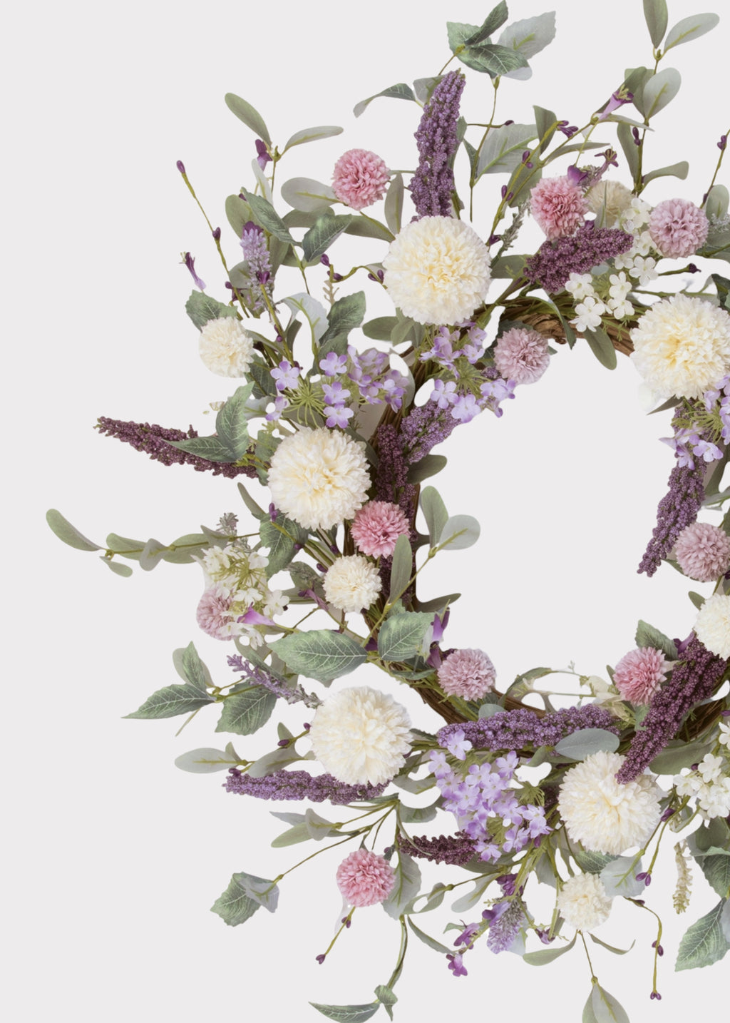 Floral wreath with white, purple, and pink flowers 