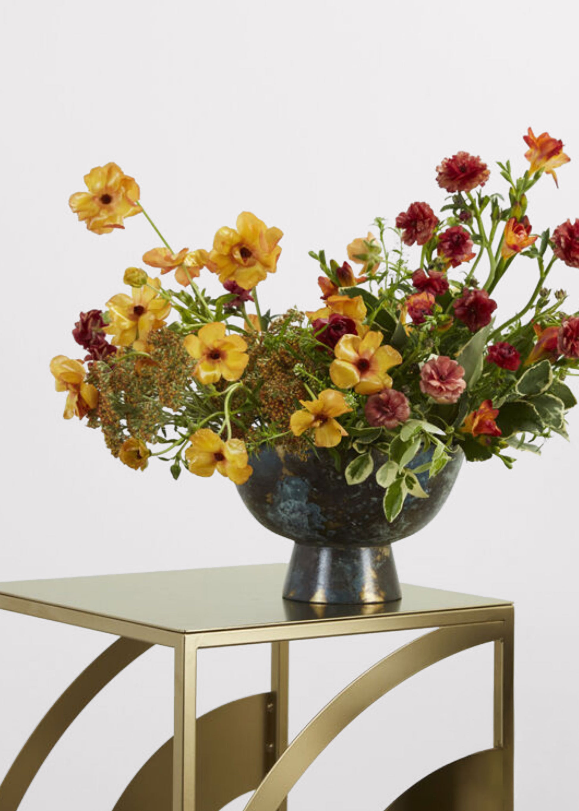Metal Patina Compote Bowl with Flowers