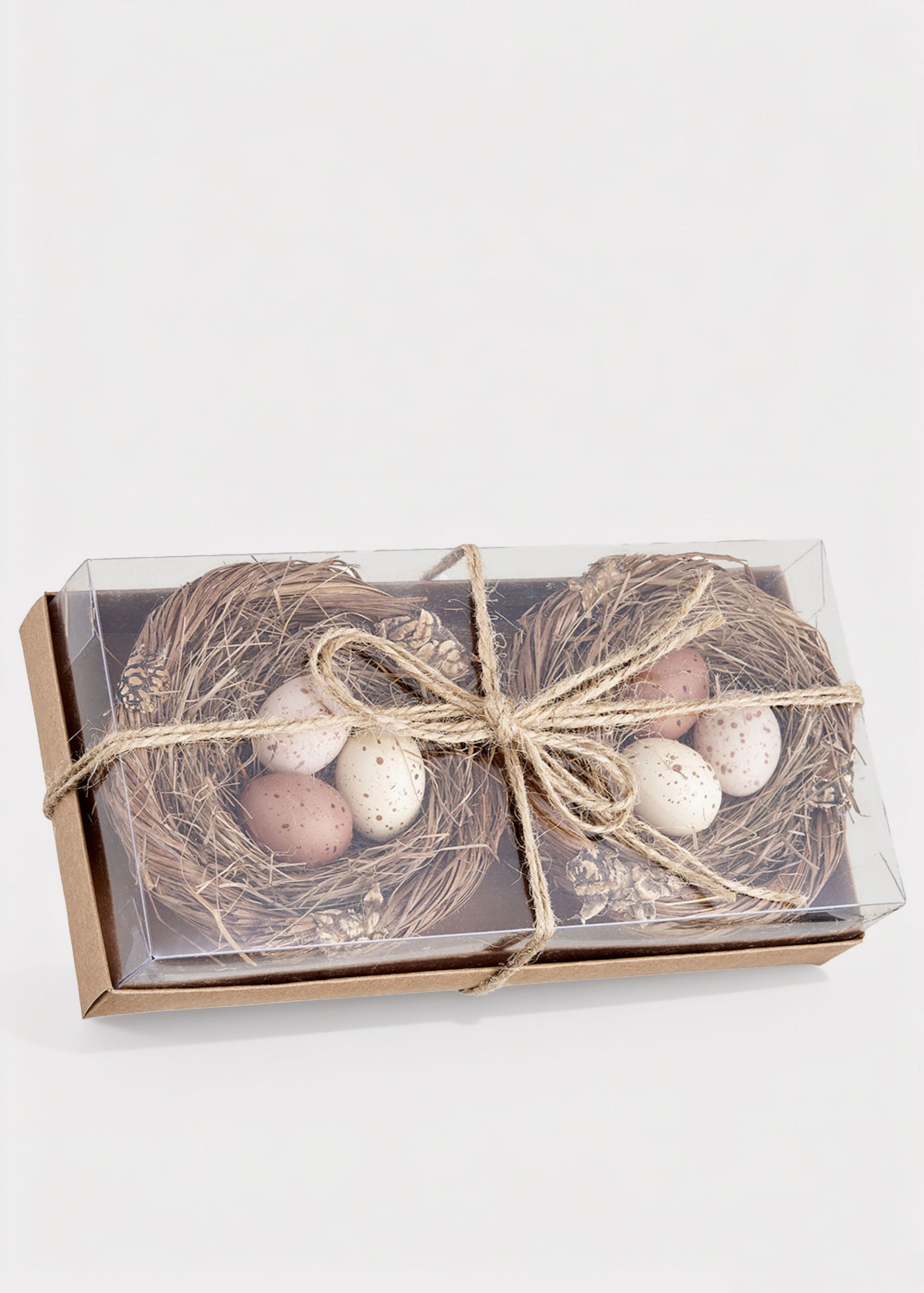 Decorative set with bird nests and eggs in a clear box