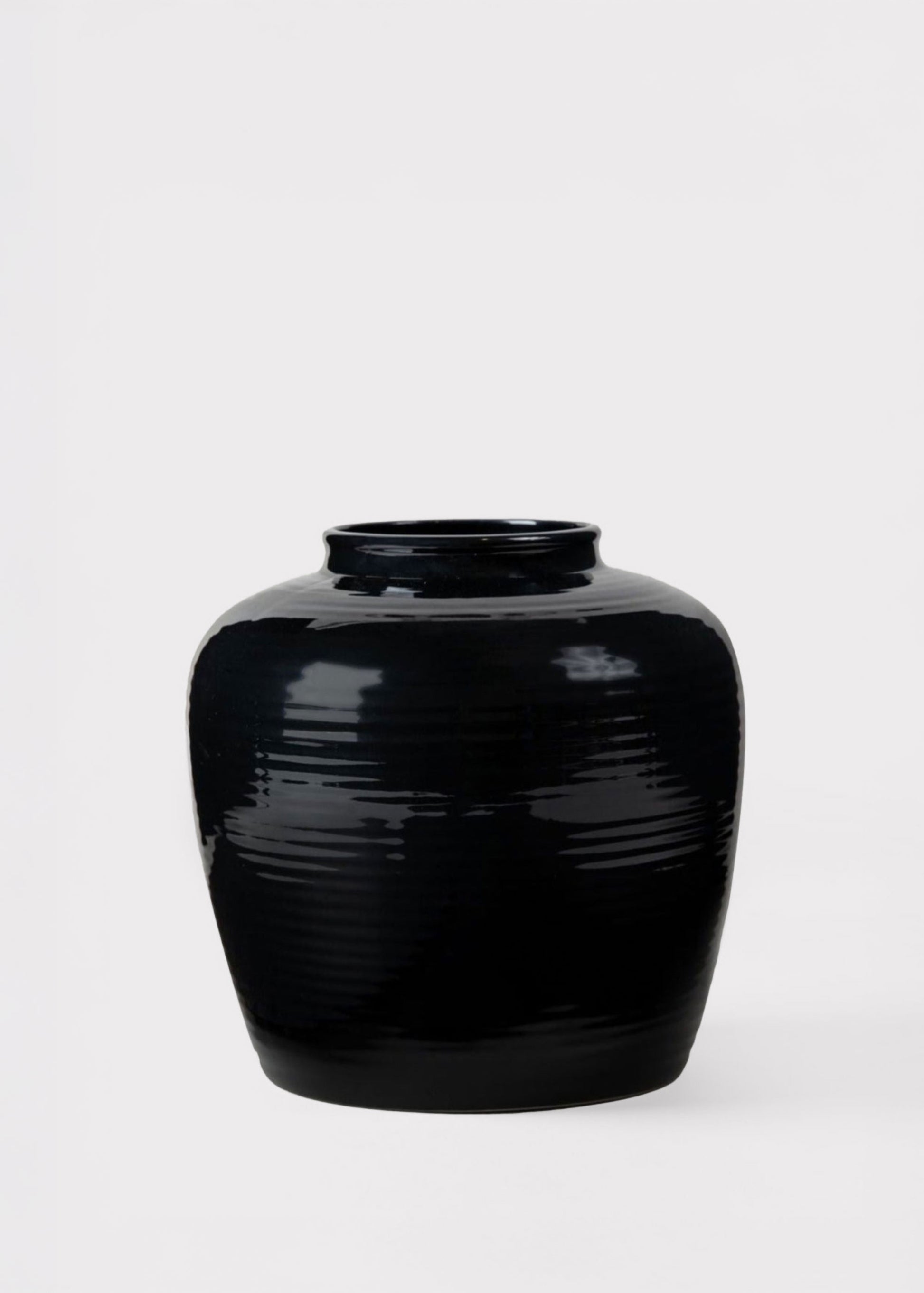 Glazed Afloral Ribbed Stoneware Table Vase in Noir