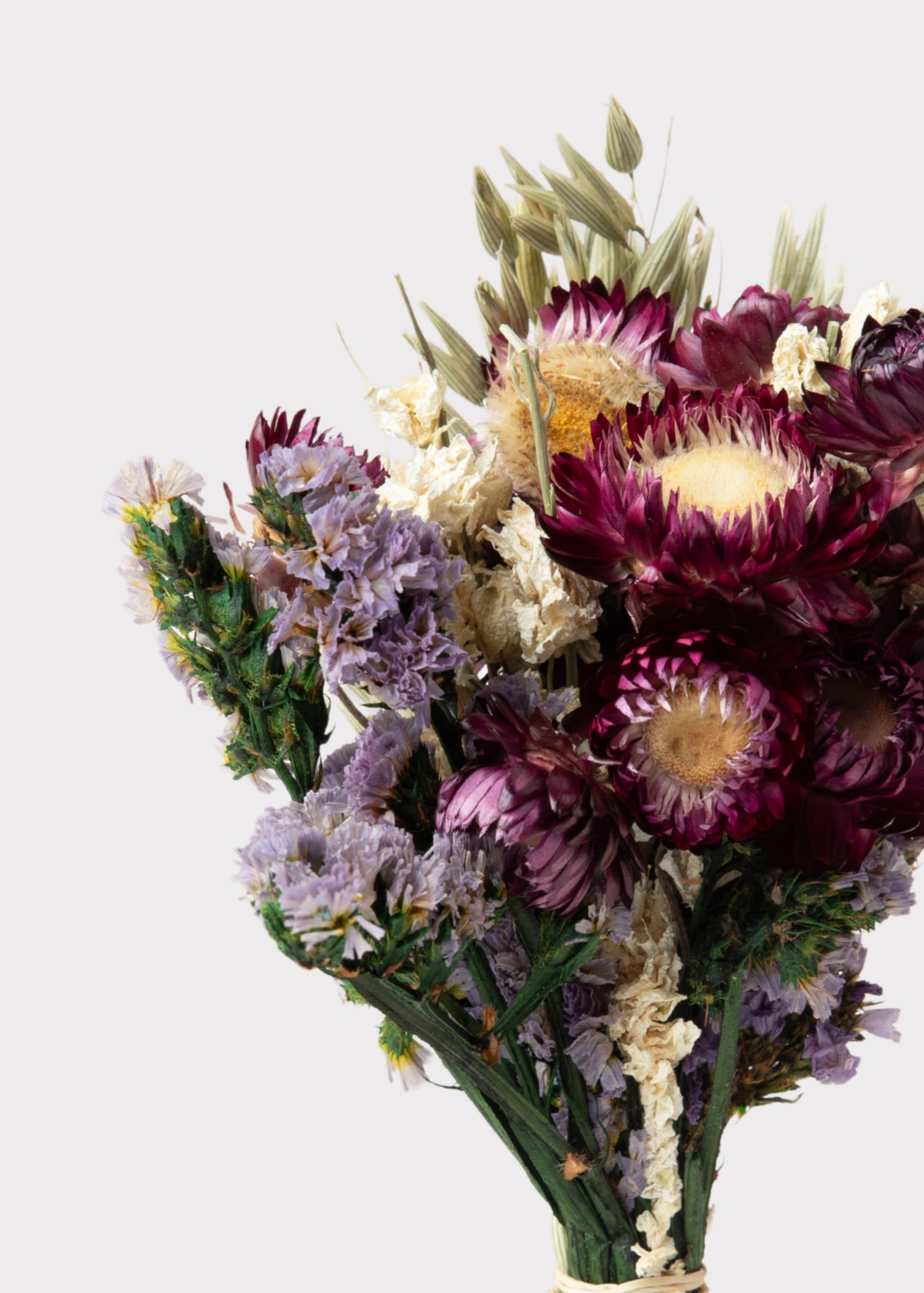 Close-up of a Purple and Cream Dried Wildflower Bouquet 