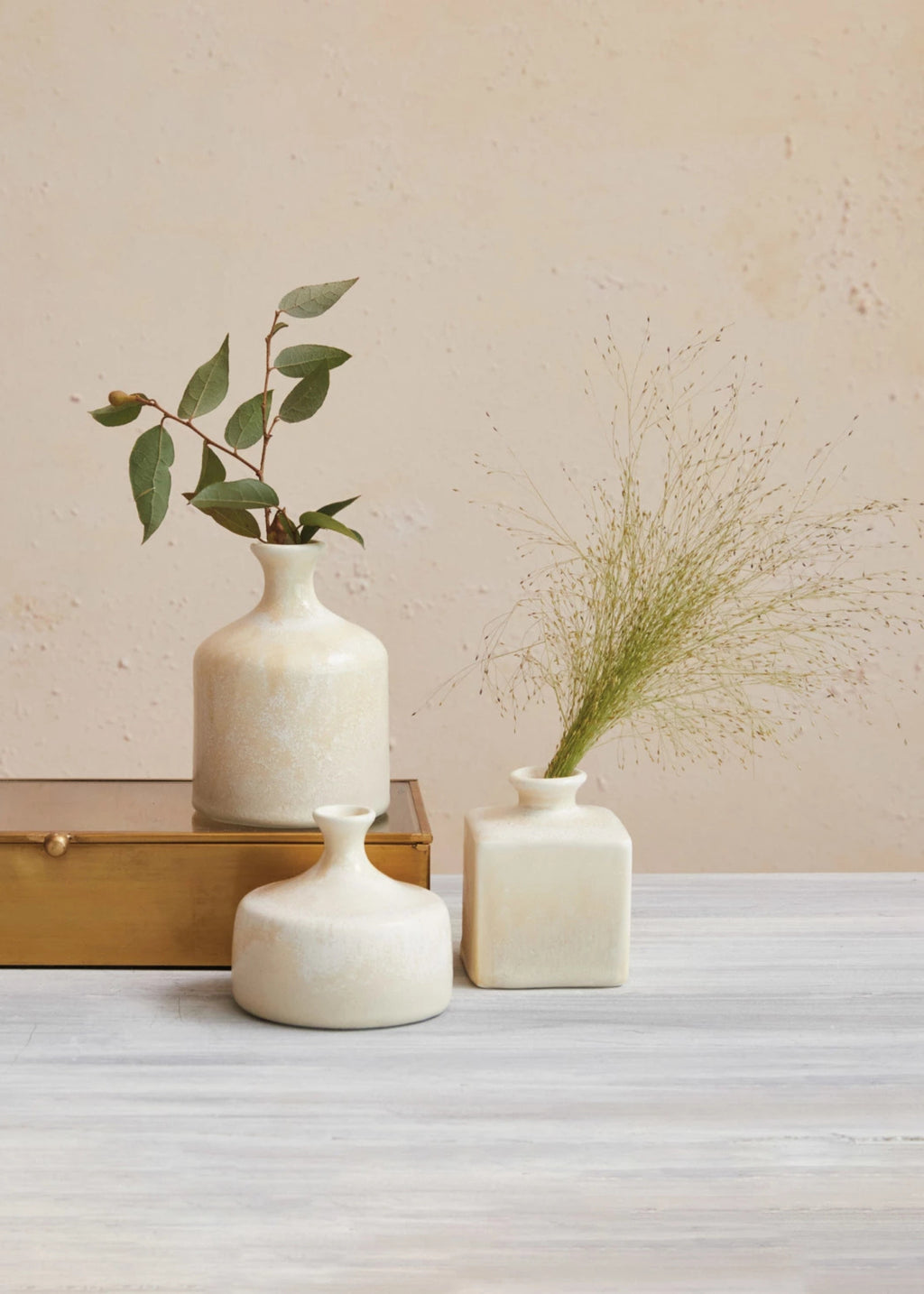 Three ceramic vases with plants