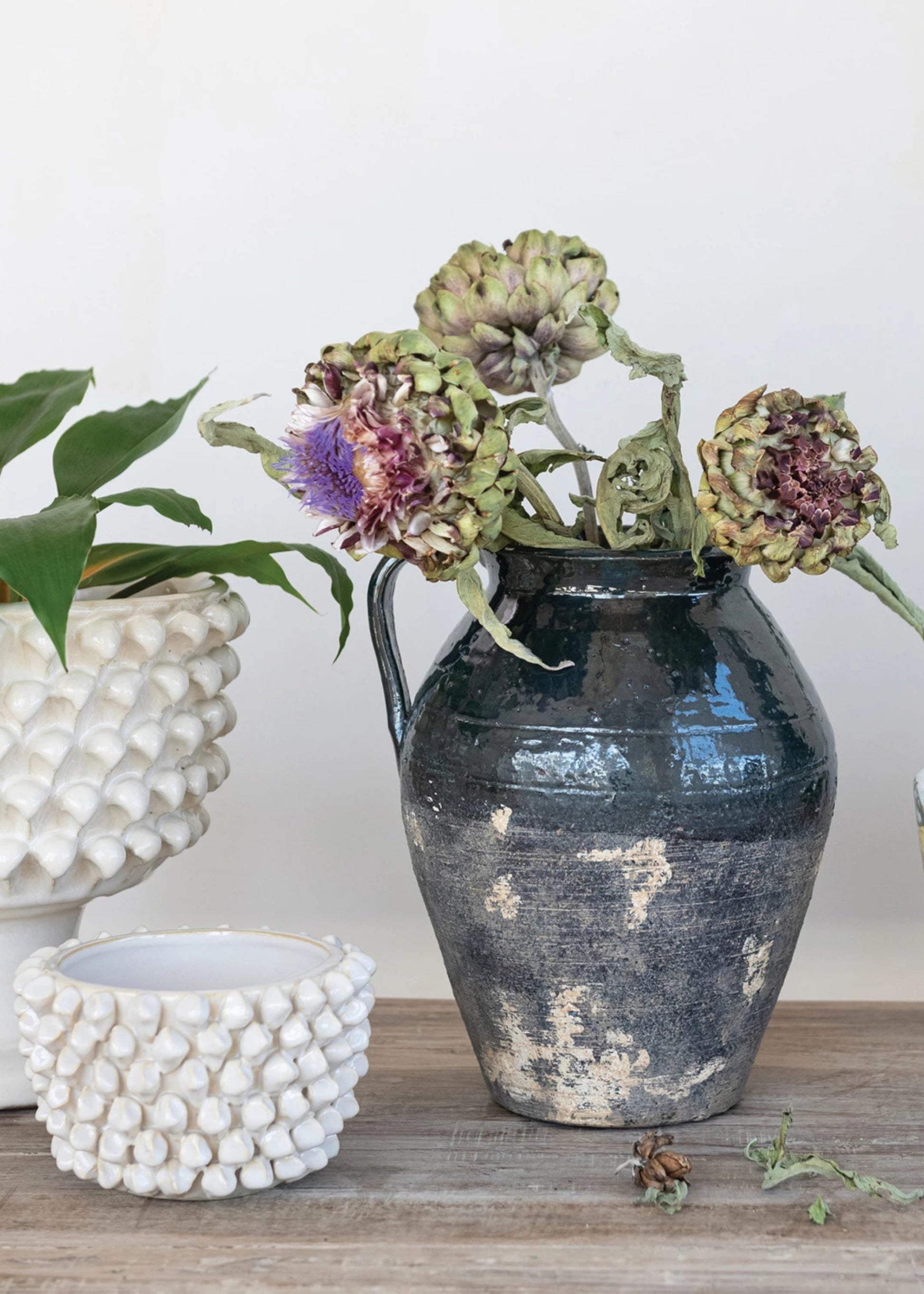Distressed Terra Cotta Pitcher Vase with Dried Flowers