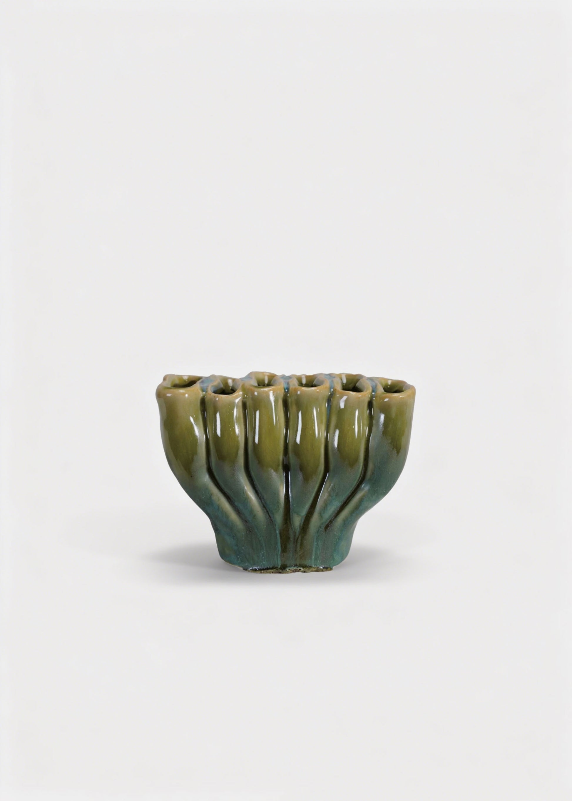 Small Sculptural Stoneware Sectioned Vase in Green Glaze