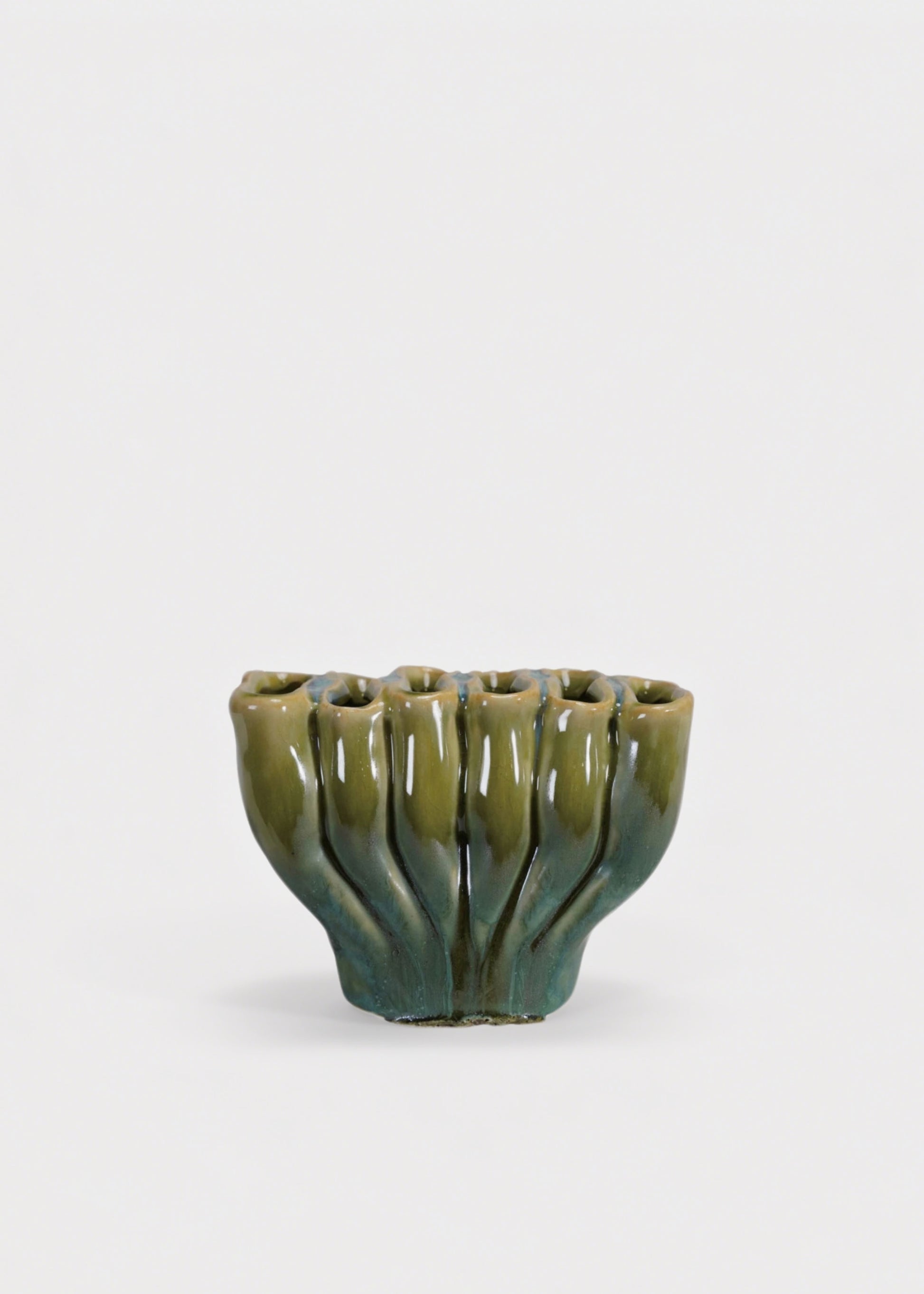 Small Sculptural Stoneware Sectioned Vase in Green Glaze