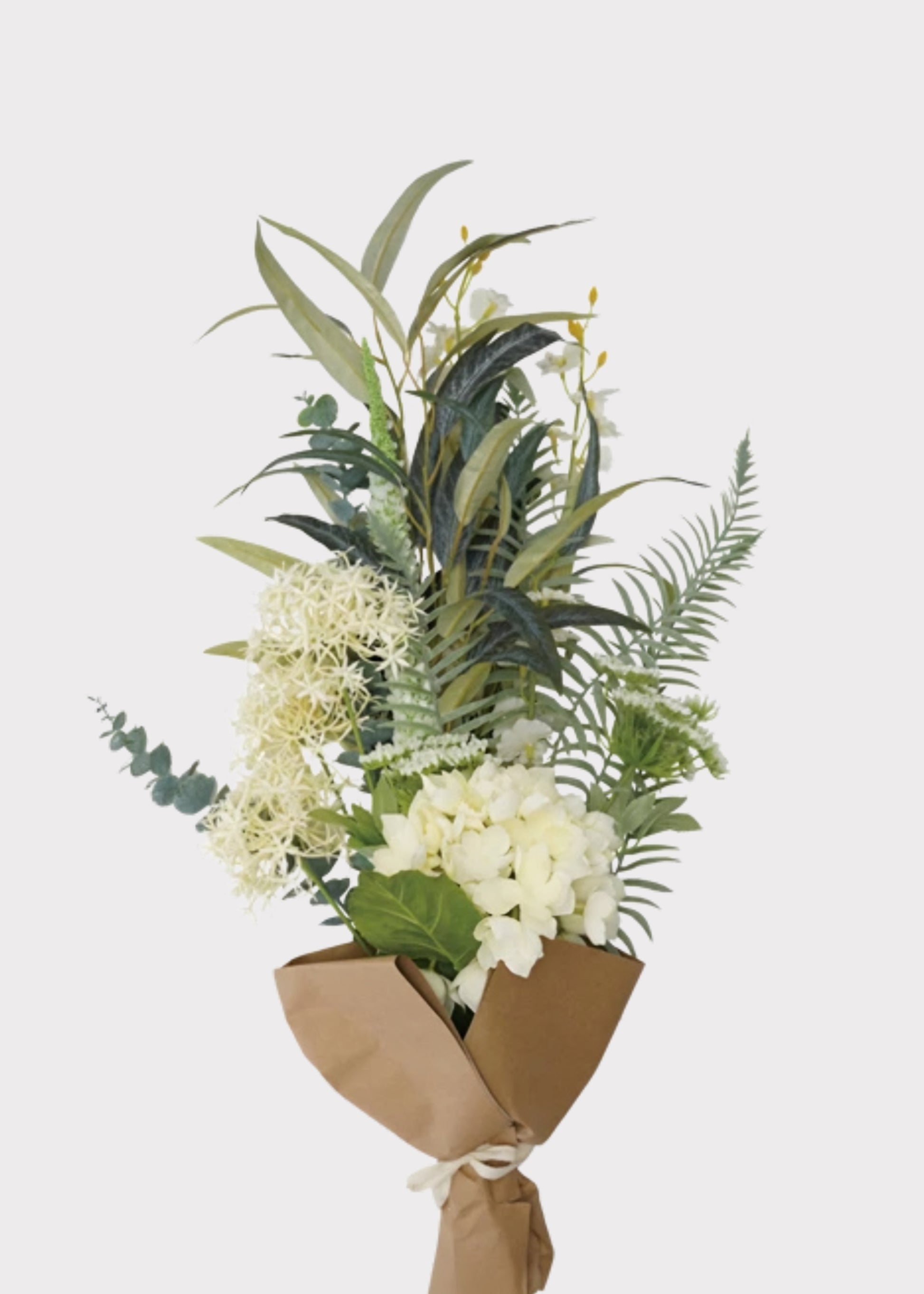 Cream Green Large Fake Mixed Flower and Leaf Bouquet 