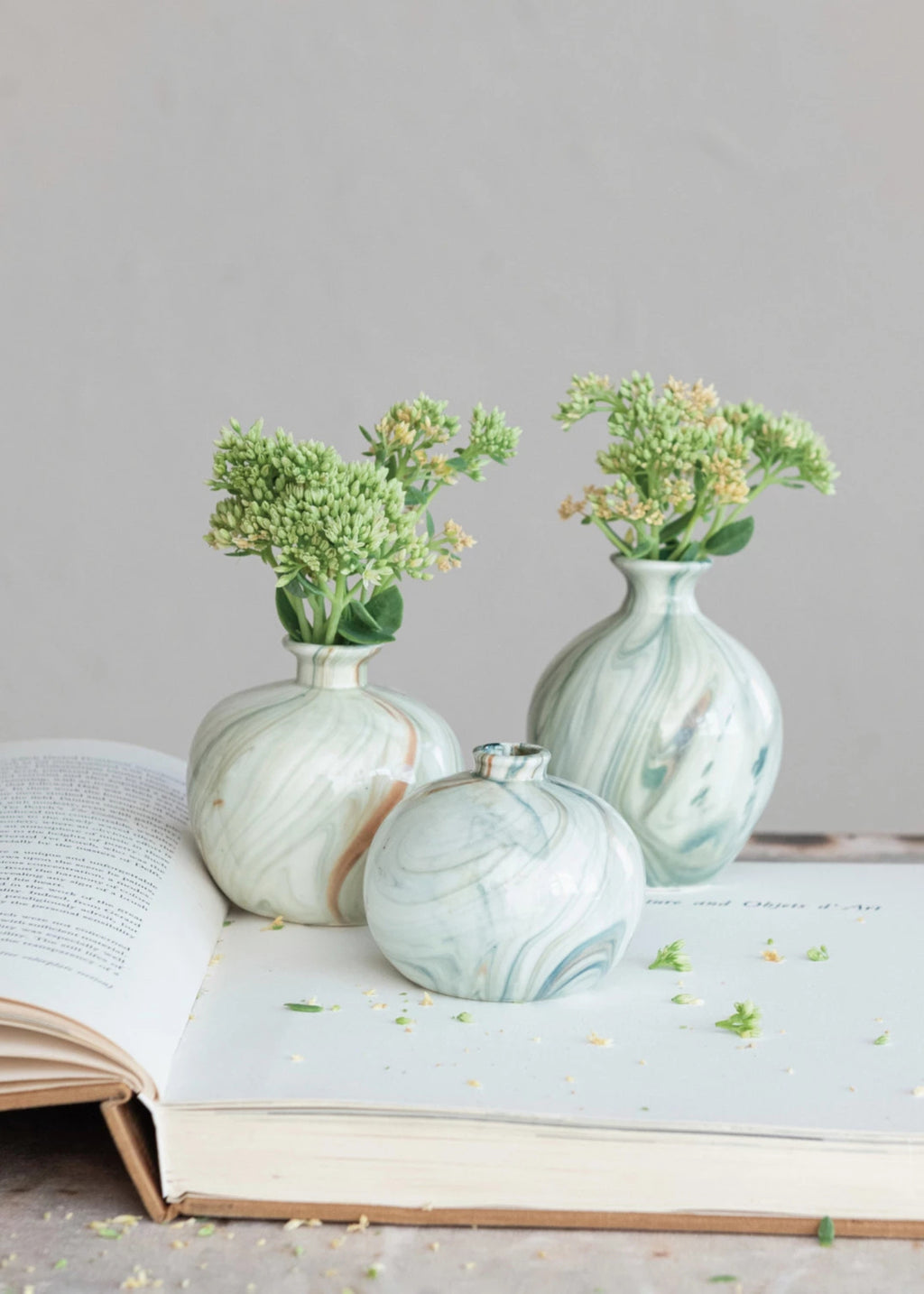 Three marbled vases with plants on an open book 