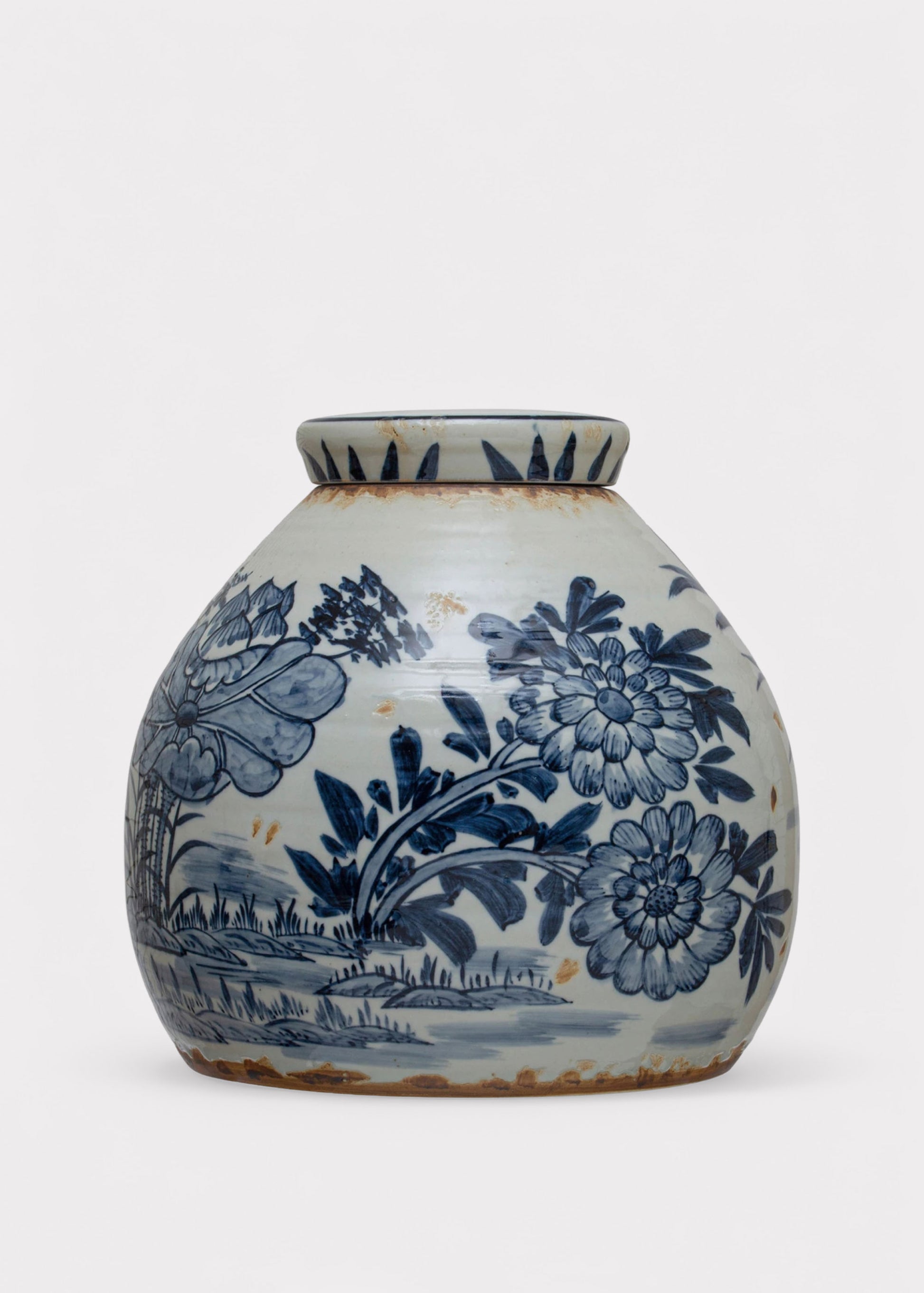 Hand-Painted Blue and White Stoneware Ginger Jar Vase 