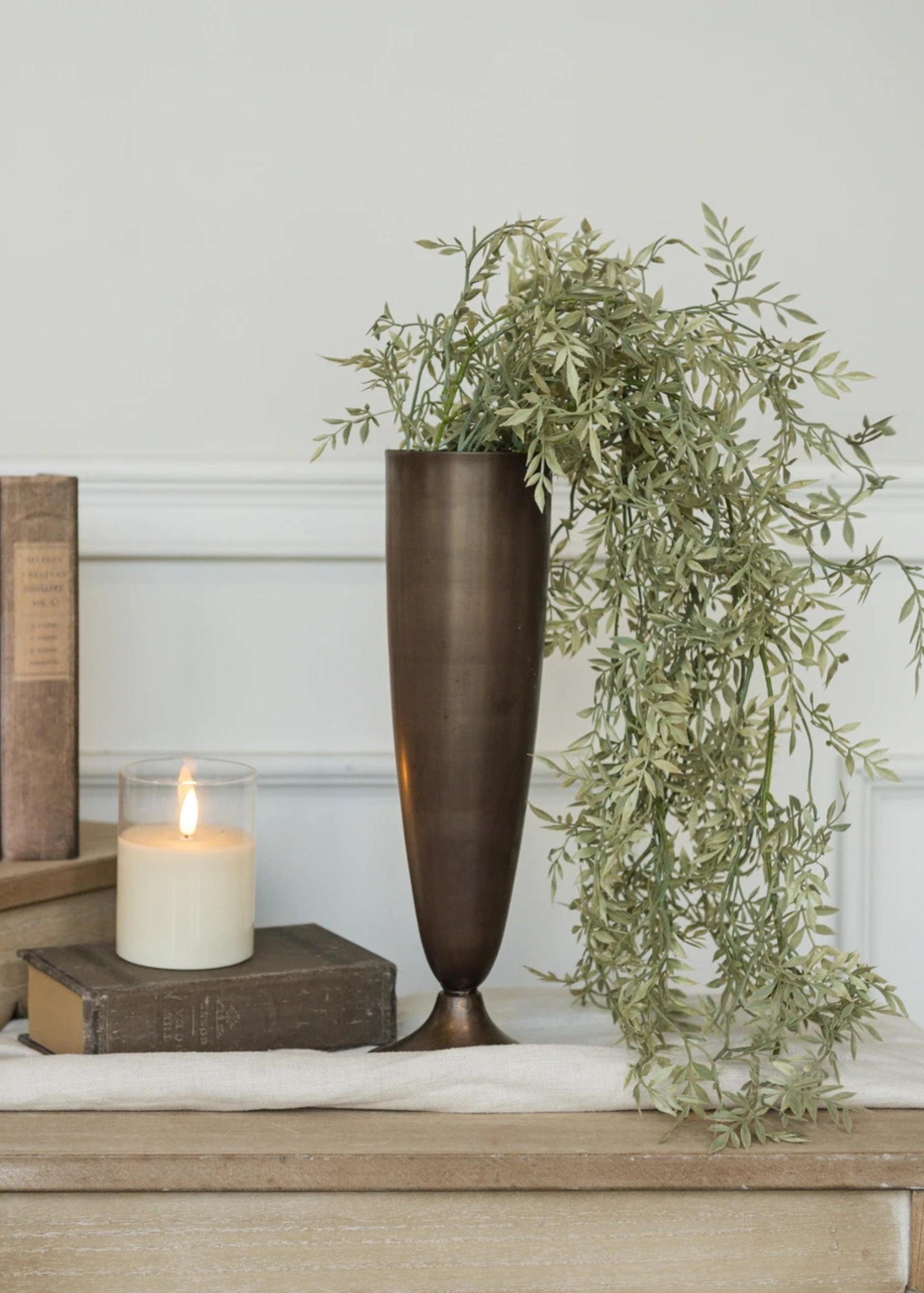 Tall Bronze Metal Vase with Faux Greenery