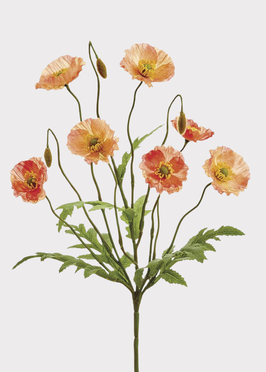 Artificial poppy flower bush in sunset coral with lifelike blooms and buds