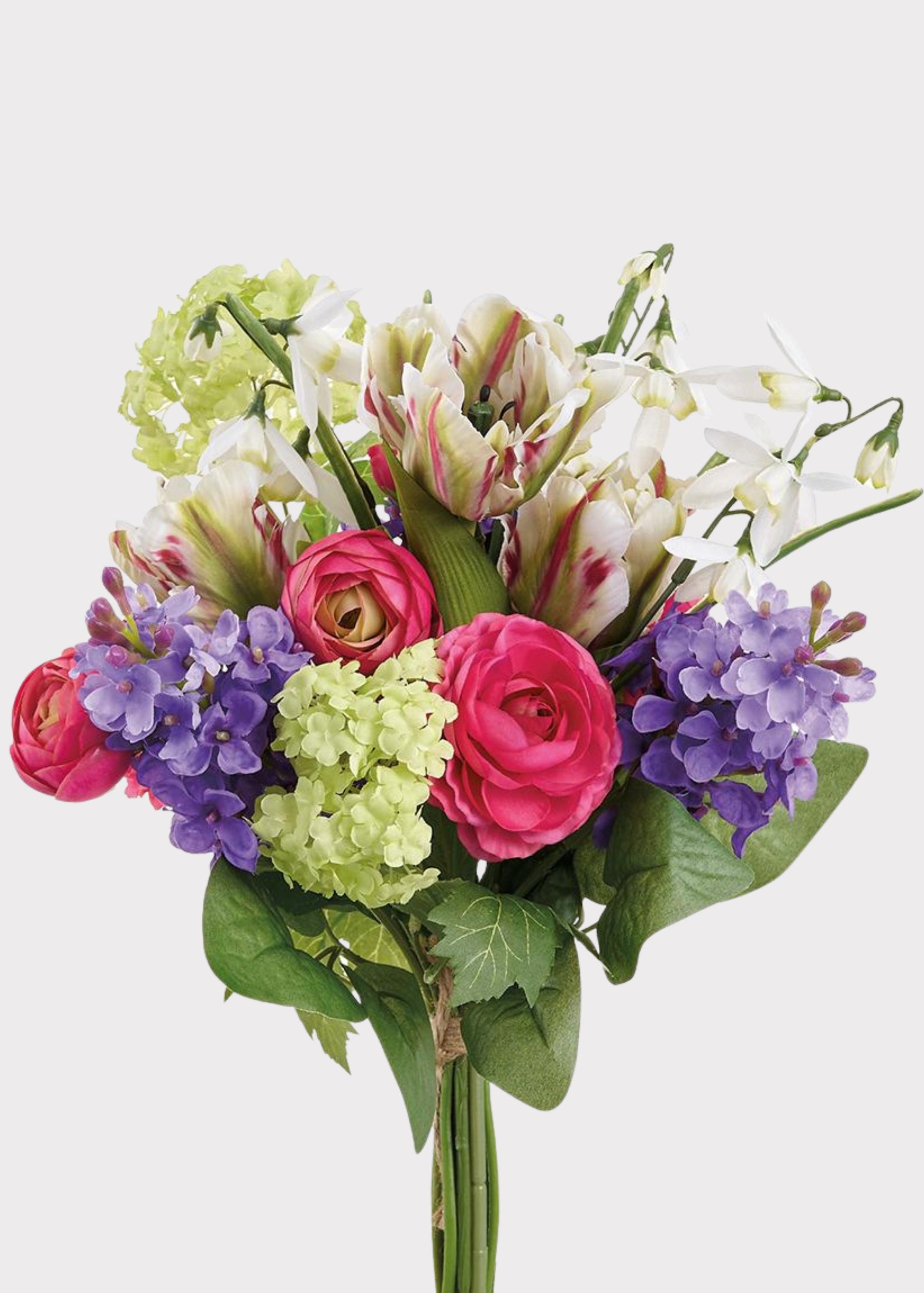 Colorful faux snowball and tulip spring bouquet with lifelike blooms