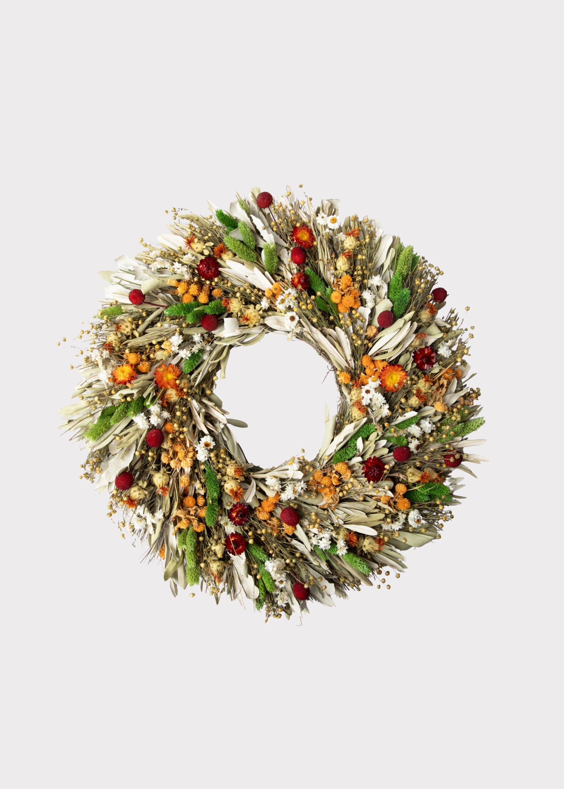 Green Dried Foliage Wreath with Orange Mixed Flowers 