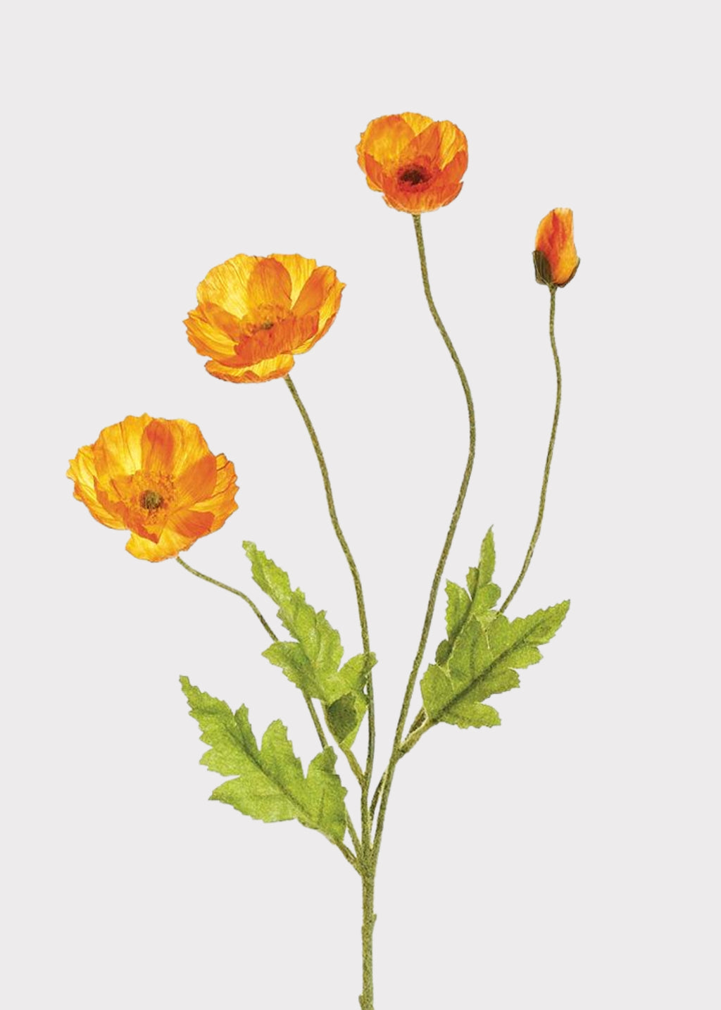 Orange artificial poppy flower spray with lifelike petals and buds