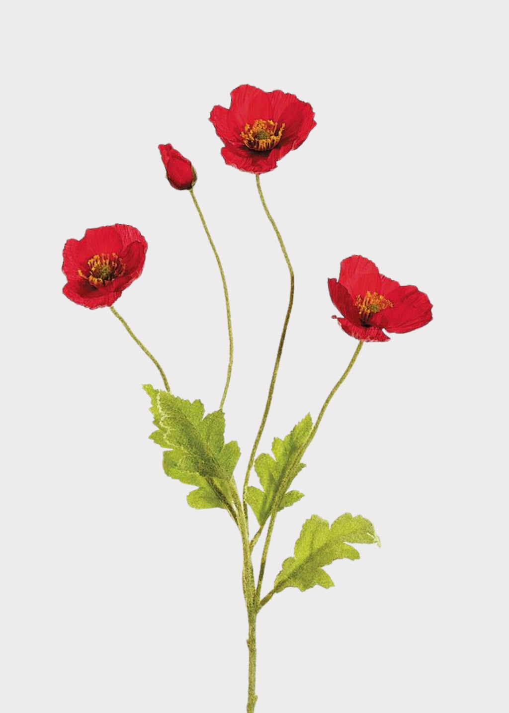 Red artificial poppy flower spray with lifelike petals and buds