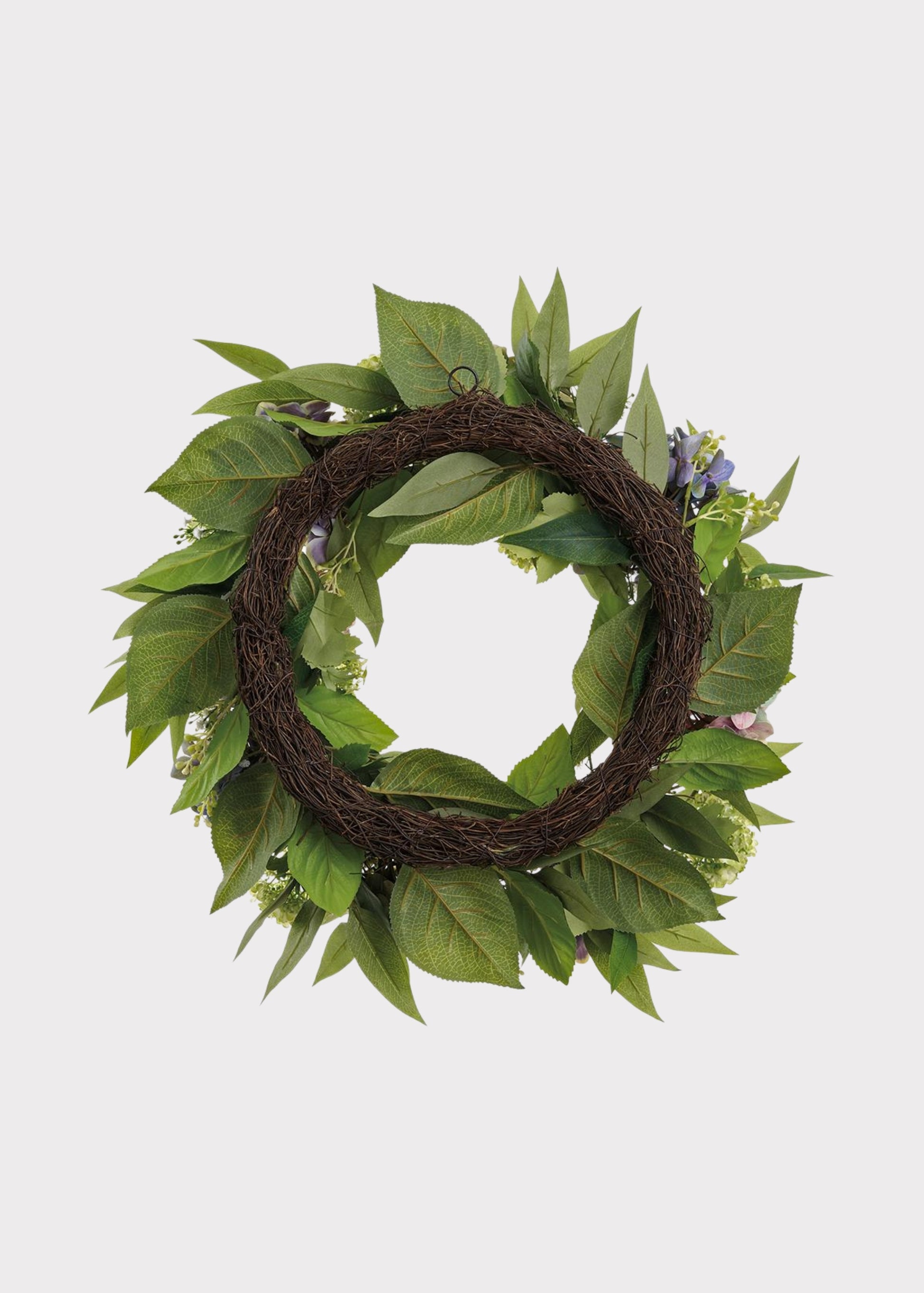 Back of Purple Green Fake Hydrangea and Snowball Flower Wreath